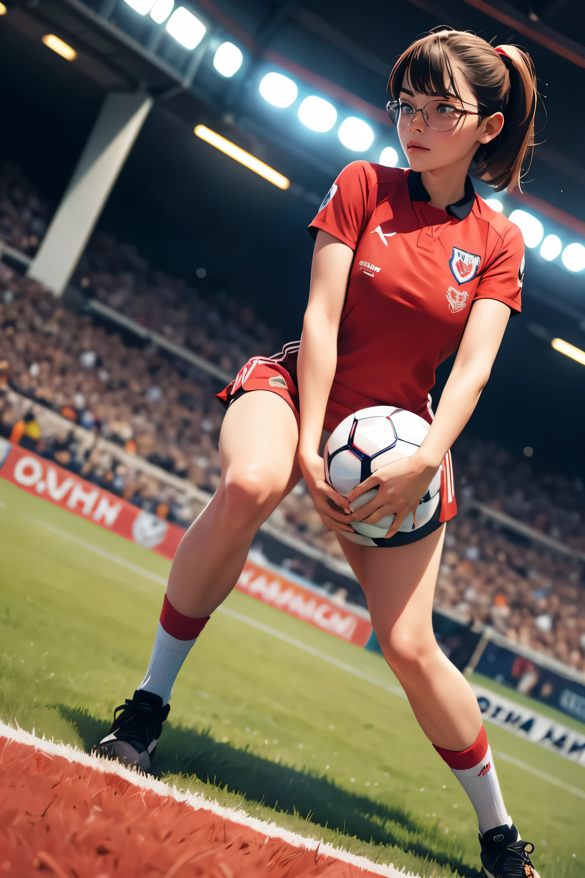 ((wide angle)), women's football competition, (((wearing large glasses)))