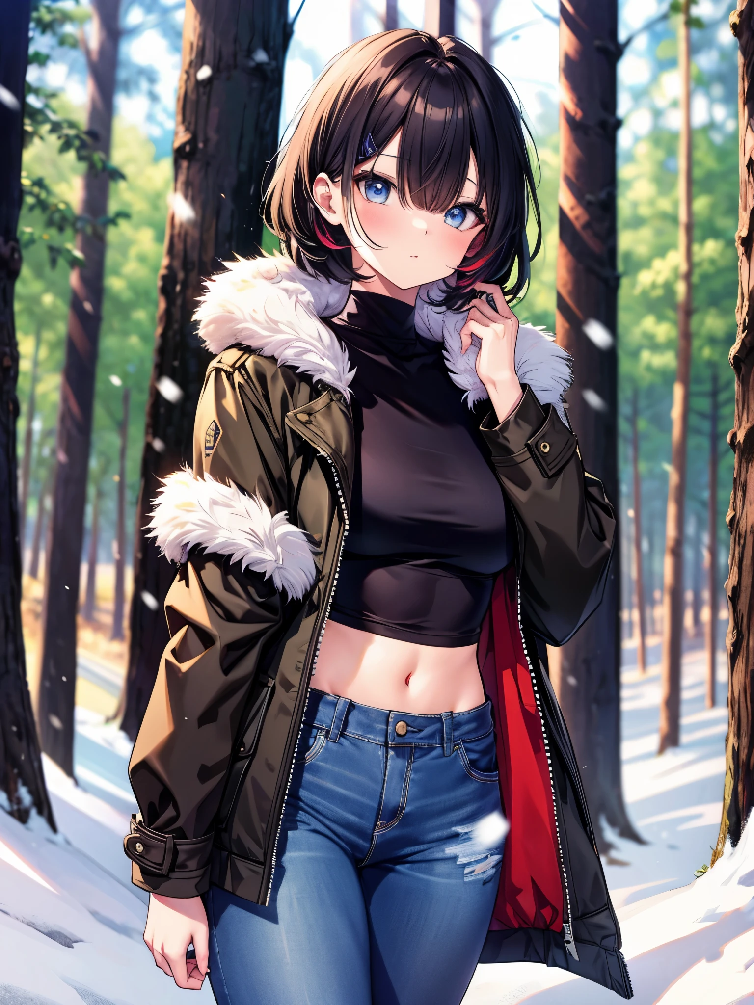 (best quality, ultra-high resolution, depth of field:1.2), solo, adult, 1woman, toned body, medium breasts, wide hips, black hair, streaked hair, short hair, bangs, upturned eyes, bright eyes, a steady, assessing gaze, winter, warmly dressed (wearing a pristine charcoal coat), denim jeans, wisps of hair framing her perfectly contoured face, serious expression, posing for modeling,  snow-laden pine forest, golden light filtering through the trees