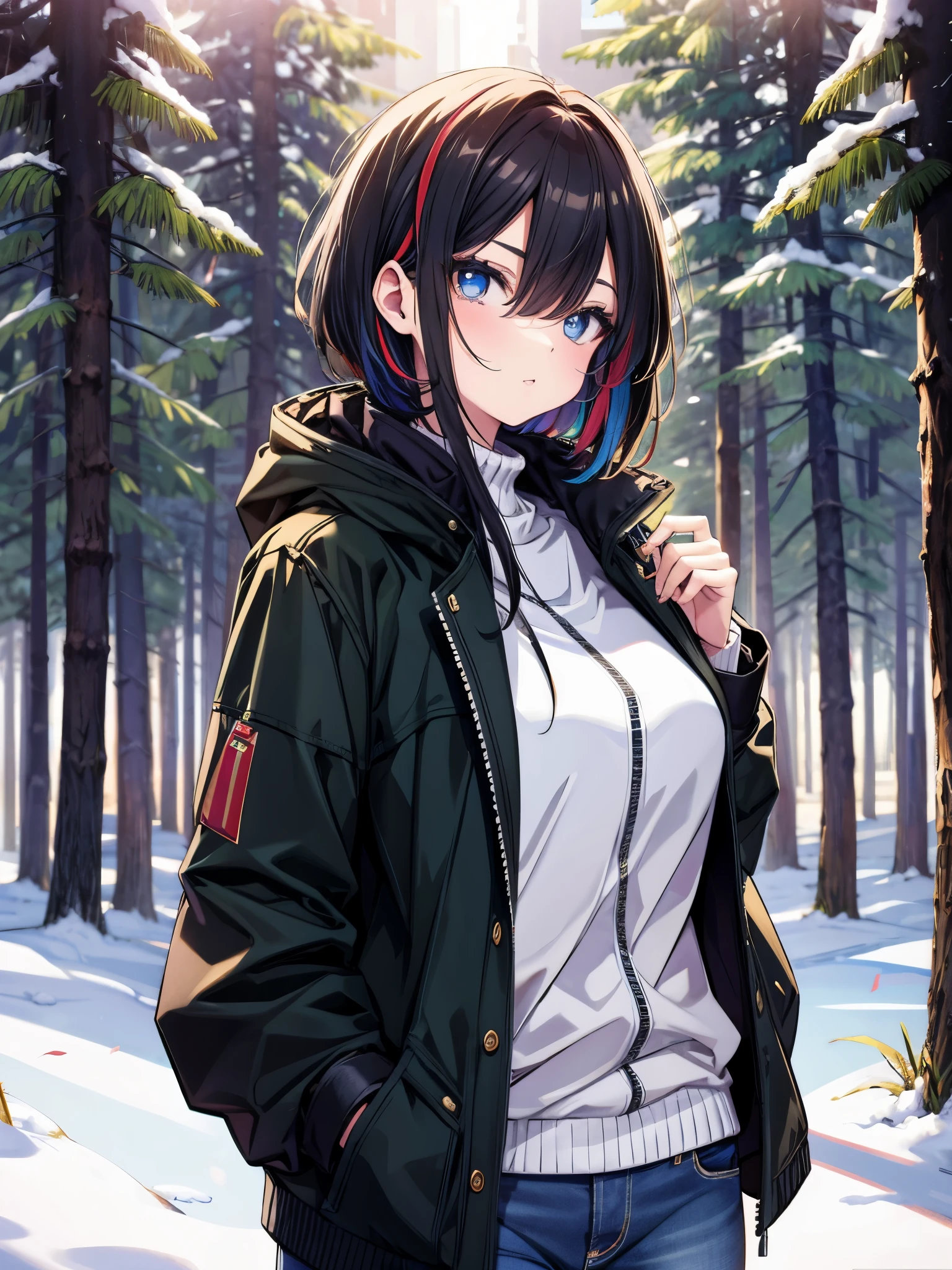 (best quality, ultra-high resolution, depth of field:1.2), solo, adult, 1woman, toned body, medium breasts, wide hips, black hair, streaked hair, short hair, bangs, upturned eyes, bright eyes, a steady, assessing gaze, winter, warmly dressed (wearing a pristine charcoal coat), denim jeans, wisps of hair framing her perfectly contoured face, serious expression, posing for modeling, snow-laden pine forest, golden light filtering through the trees