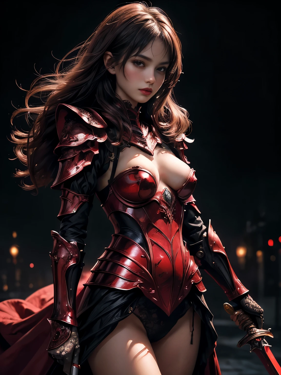 NSFW((masterpiece)), (((Best Quality))), ((Ultra-detailed)), (extremely detailed photo), ((extremely delicate and beautiful)),(Cute delicate face), (A 30 years old dignified girl),(red and black full armor) ,(holding a black glowing sword ),against a dark background in a city,solo, double eyelid,delicate skin,slender body shape,
