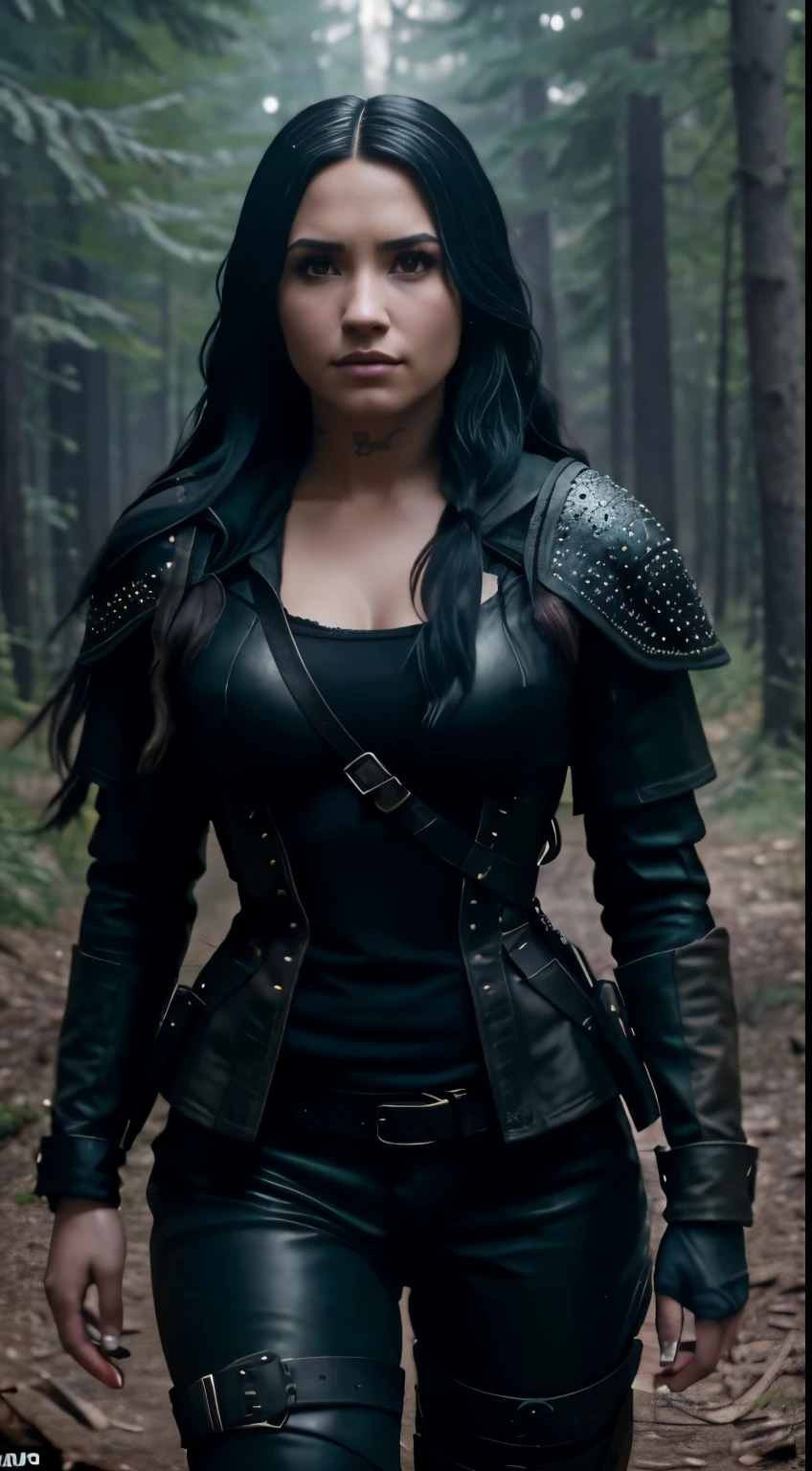 Foto hiperrealista en primer plano de Demi Lovato, Create dystopian masterpieces. as a witcher, scene from the Witcher movie, the entire figure dressed in witcher style, in woods, beautiful woman, skinny skinny, large breasts, black long hair, detailed face, smile, facing the camera, photo taken from a distance, age of 25 years old