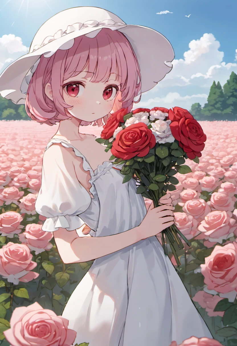 (masterpiece, best quality),1girl,flower,solo,dress,holding,sky,cloud,hat,outdoors,bangs,bouquet,rose,expressionless,blush,pink hair,flower field,red flower,pink eyes,white dress,looking at viewer,midium hair,holding flower,small breasts,red rose,holding bouquet,sun hat,white headwear,depth of field,