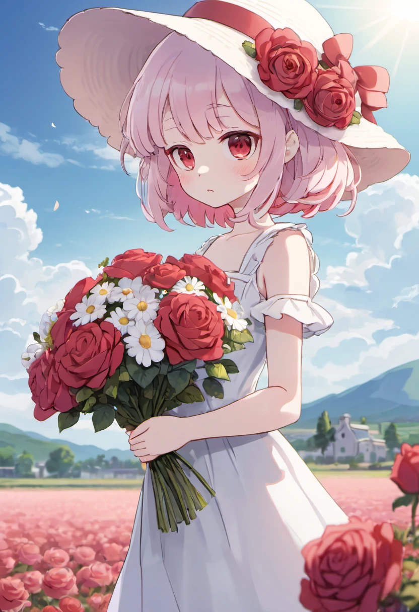 (masterpiece, best quality),1girl,flower,solo,dress,holding,sky,cloud,hat,outdoors,bangs,bouquet,rose,expressionless,blush,pink hair,flower field,red flower,pink eyes,white dress,looking at viewer,midium hair,holding flower,small ,red rose,holding bouquet,sun hat,white headwear,depth of field,