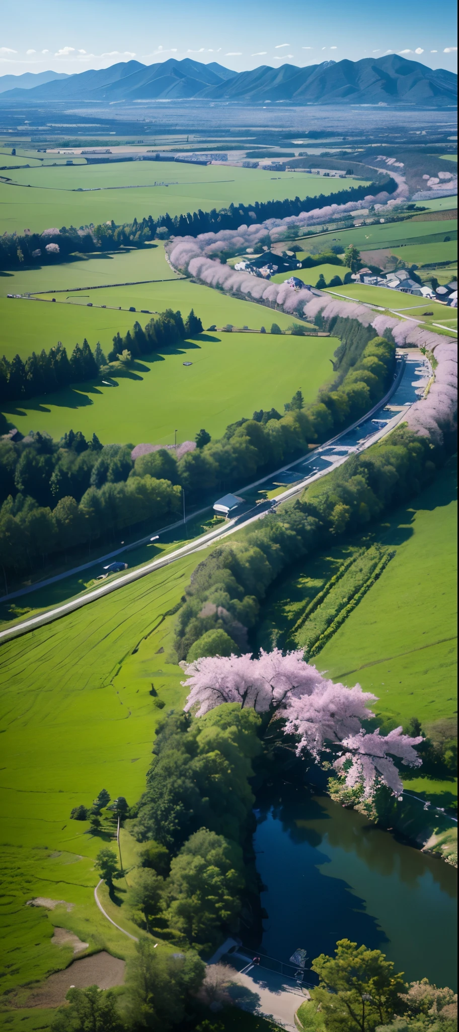 Beautiful view of a river flowing through lush green fields, countryside in japan, Japanese countryside, lush cherry tree, Viewed from directly above, amazing depth,