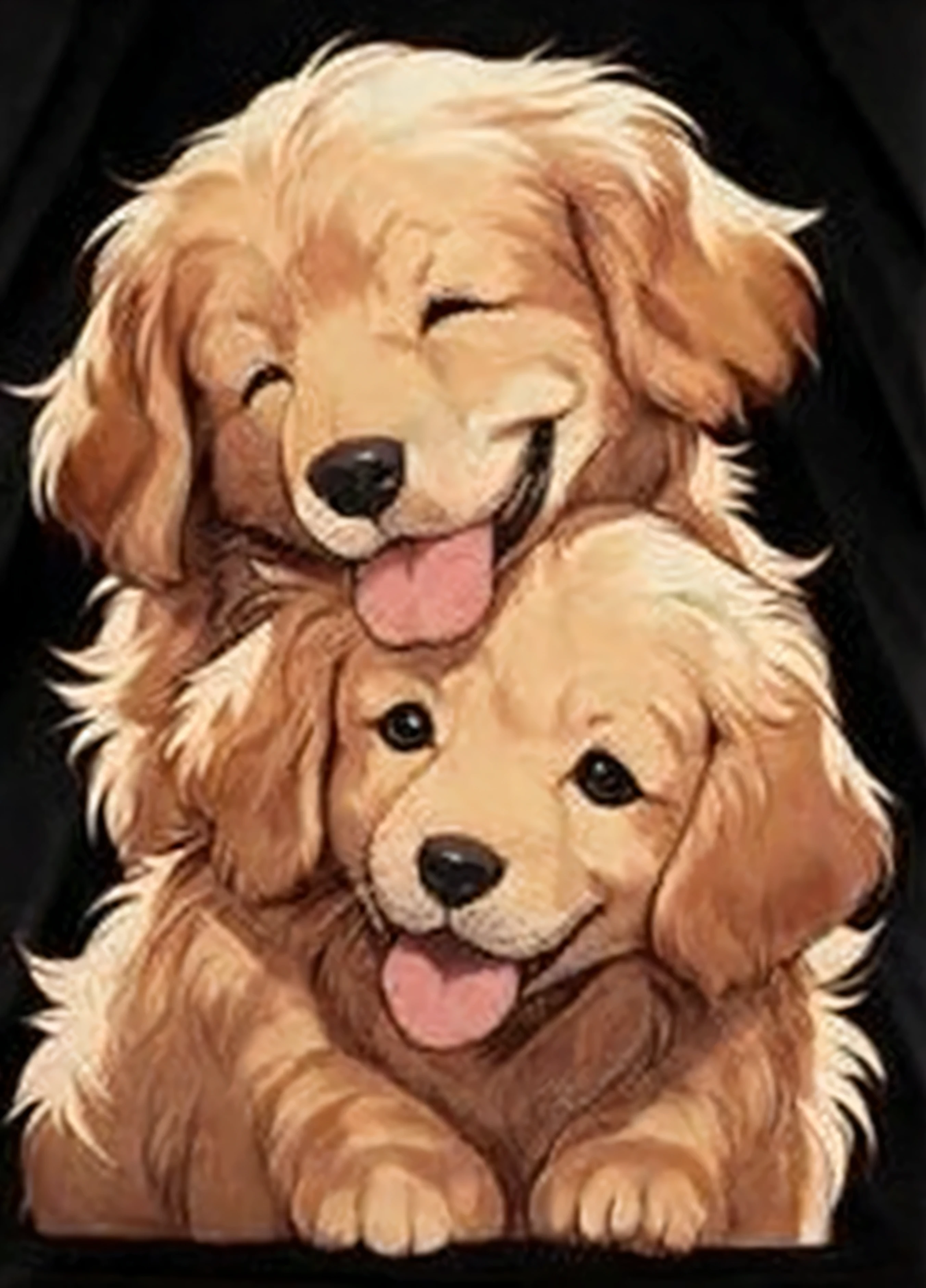 two dogs are sitting on top of each other on a black background, cute faces, happy faces, profile pic, r/aww, profile picture, smiling faces, both smiling for the camera, dogs, two dogs, puppies, highly detailed photo of happy, full of golden layers, high quality portrait, awwwww, cute and cuddly, aww, piled around, golden retriever