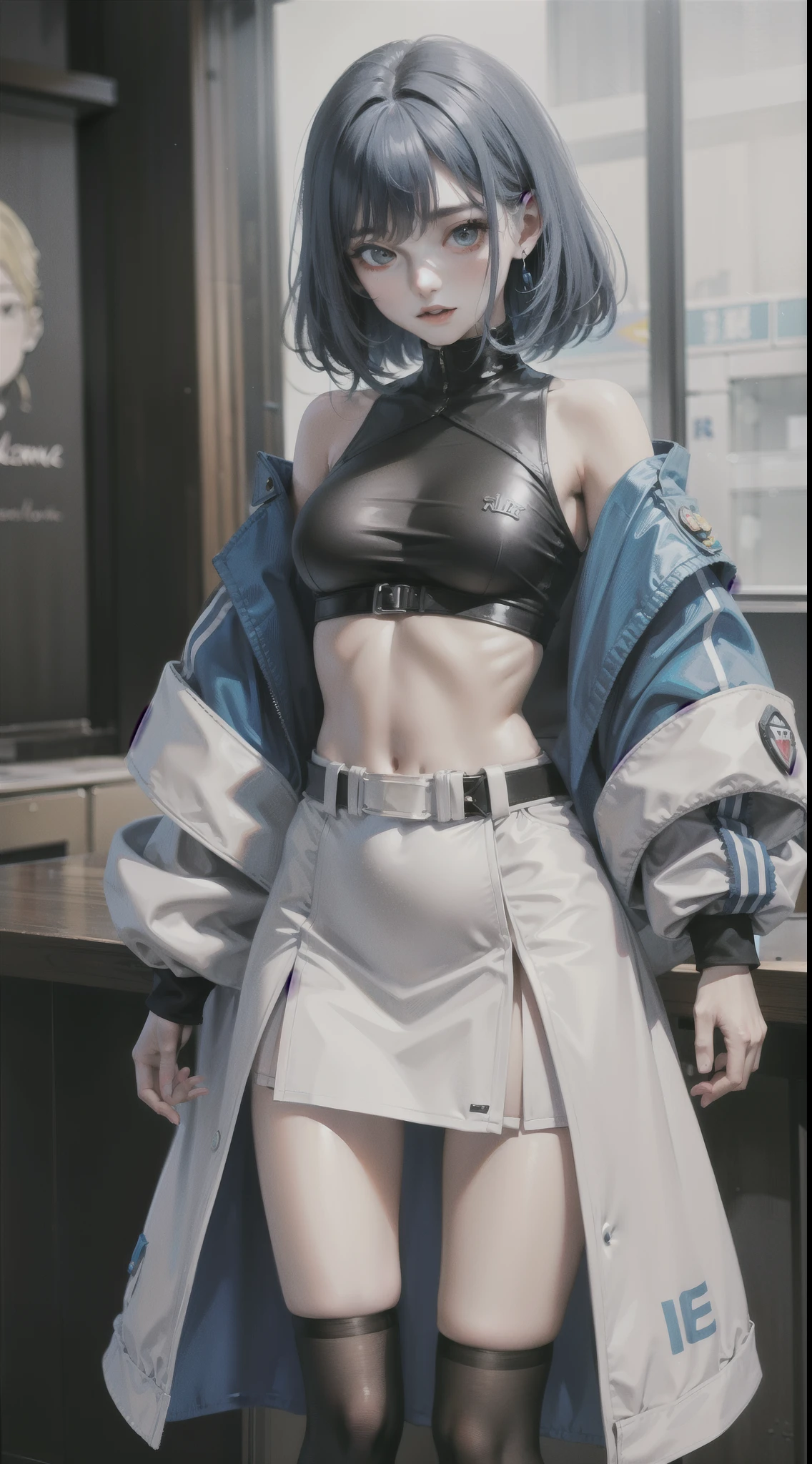8k, ray tracing, vibrant colors, (1girl, solo), (aafranziska, light blue hair:1.5), black ascot, puffy sleeves, black pencil skirt, pantyhose, black gloves, jewelry, earrings, slim figure, masterpiece, sharp focus, Best Quality, depth of field, cinematic lighting, very detailed clothes, (used condoms, condom belt, used condom belt, condom hair ornament:1.6), abs, ((so embarrassed, blush)), elbow gloves, Perfect eyes, perfect hair, Rich in details and textures, masterpiece, Best Quality, beautiful girl, Sun light, chiaroscuro, (perfect hands:0.7, Clean hands:0.7), ((((Professional photography)))), ((Dream)), Whole body