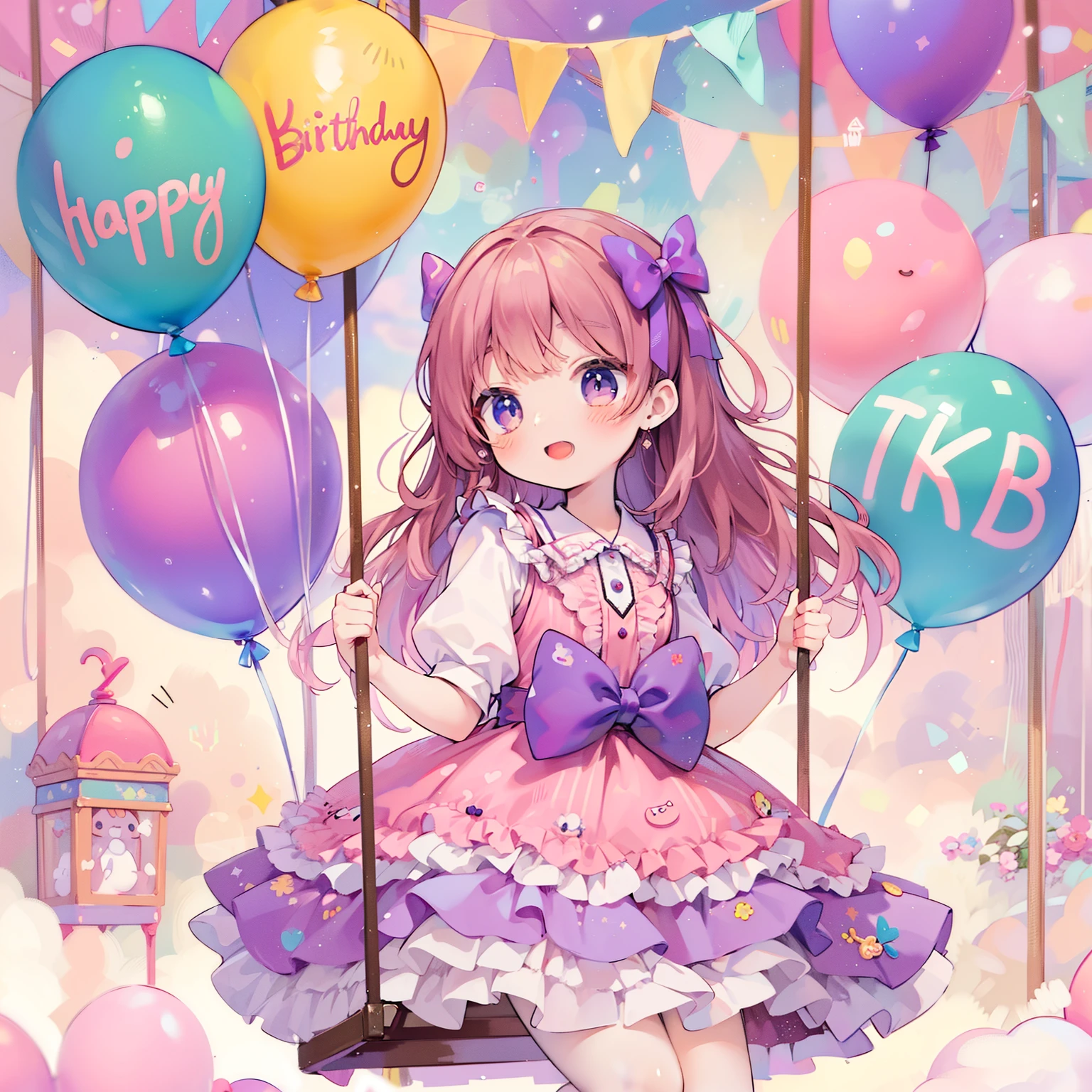 anime girl on a swing with balloons and a happy birthday card, cute kawaii girl,in the background``HAPPY BIRTHDAY TKB``write、,smile、pink and purple fantasy world、dreaming girl in a dress, dream cute anime、pastelwatercolor、Sit on a swing made of colorful balloons falling from the sky, kawaii realistic portrait, happy birthday, kawacy, marin kitagawa fanart, cute anime girl, high quality anime artstyle, cute colorful adorable, cute detailed digital art, cute art style, illustration 8 k, cute anime waifu in a nice dress, official artwork, official fanart, pixiv