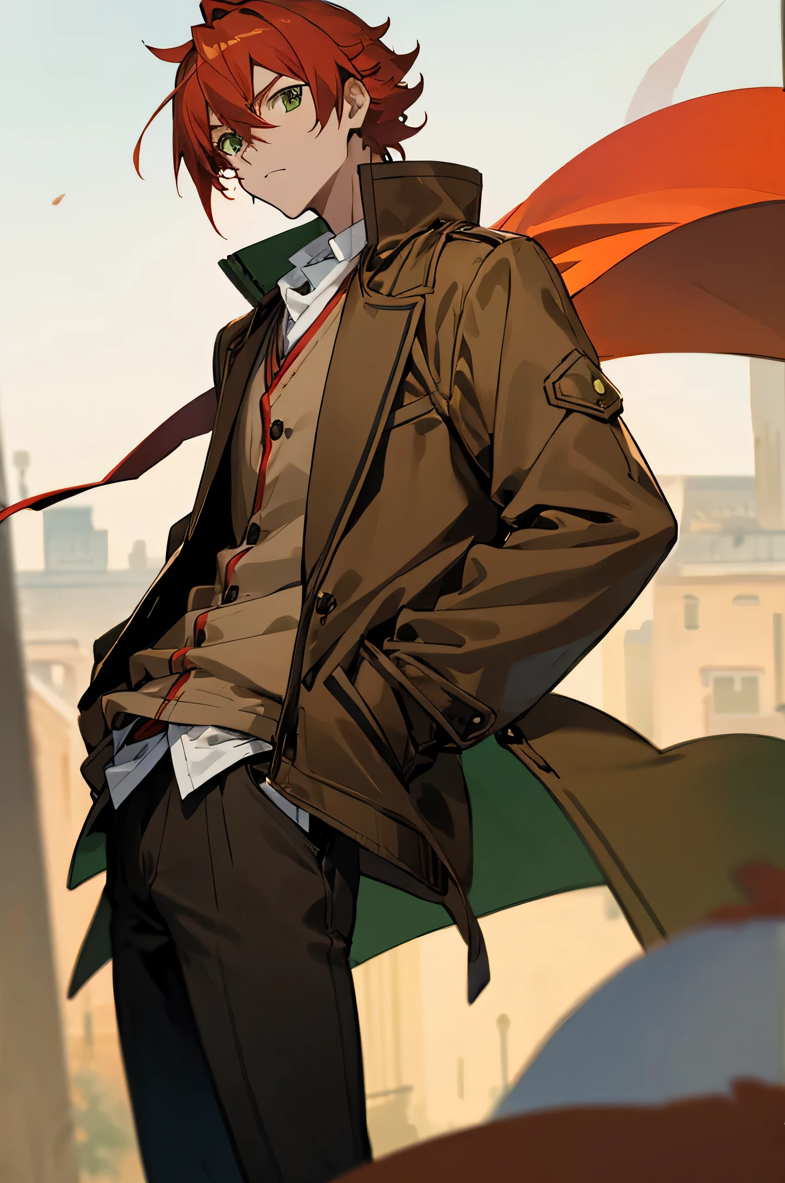 1 male, Young Adult, Green Eyes, Red Hair, Town Background, Brown Jacket, Tatsumi Clothes, Hand in pockets, Masterpiece Quality, Perfect Generation.