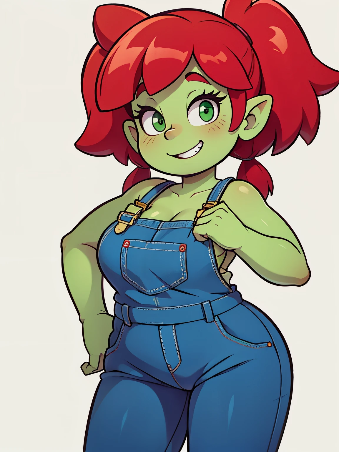 A plump and pudgy goblin girl with green skin wearing nothing but overalls, red hair pigtails, big cheeky grin