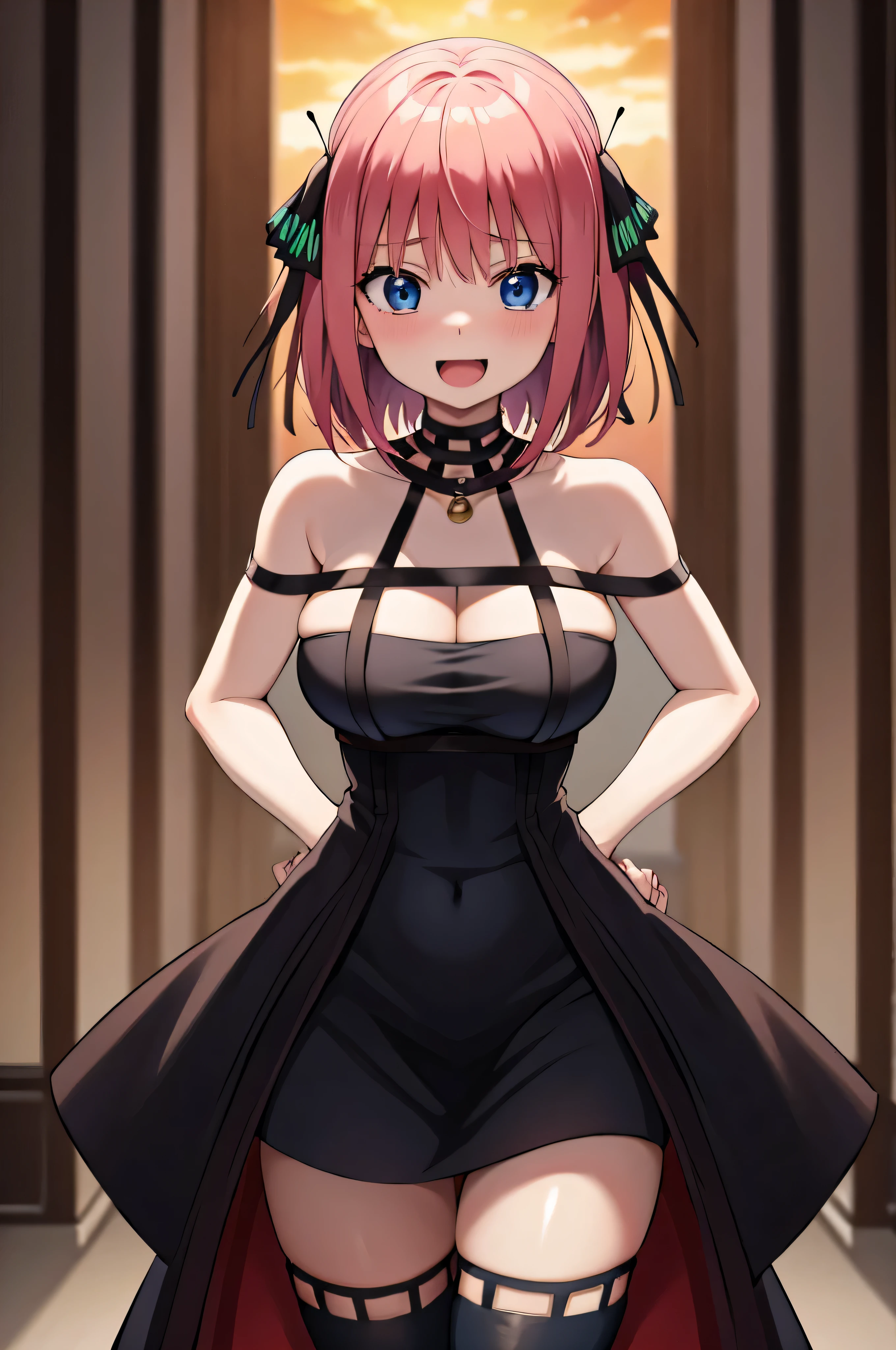 2d, Obra maestra, Mejor calidad, animado, muy detallado, 1 chica, solo, tiro de vaquero, nino nakano, cabello rosado, cabello corto, adorno para el pelo de mariposa, blue eyes, pechos enormes, cintura media, caderas medianas, muslos anchos, de pie, Smiles with his mouth open, Solo、absurdo、vestido negro、muslos negros、guantes sin dedos、escote del pecho、sonrisa al aire libre, seductor, avergonzado, boca cerrada, buena iluminacion, atardecer,