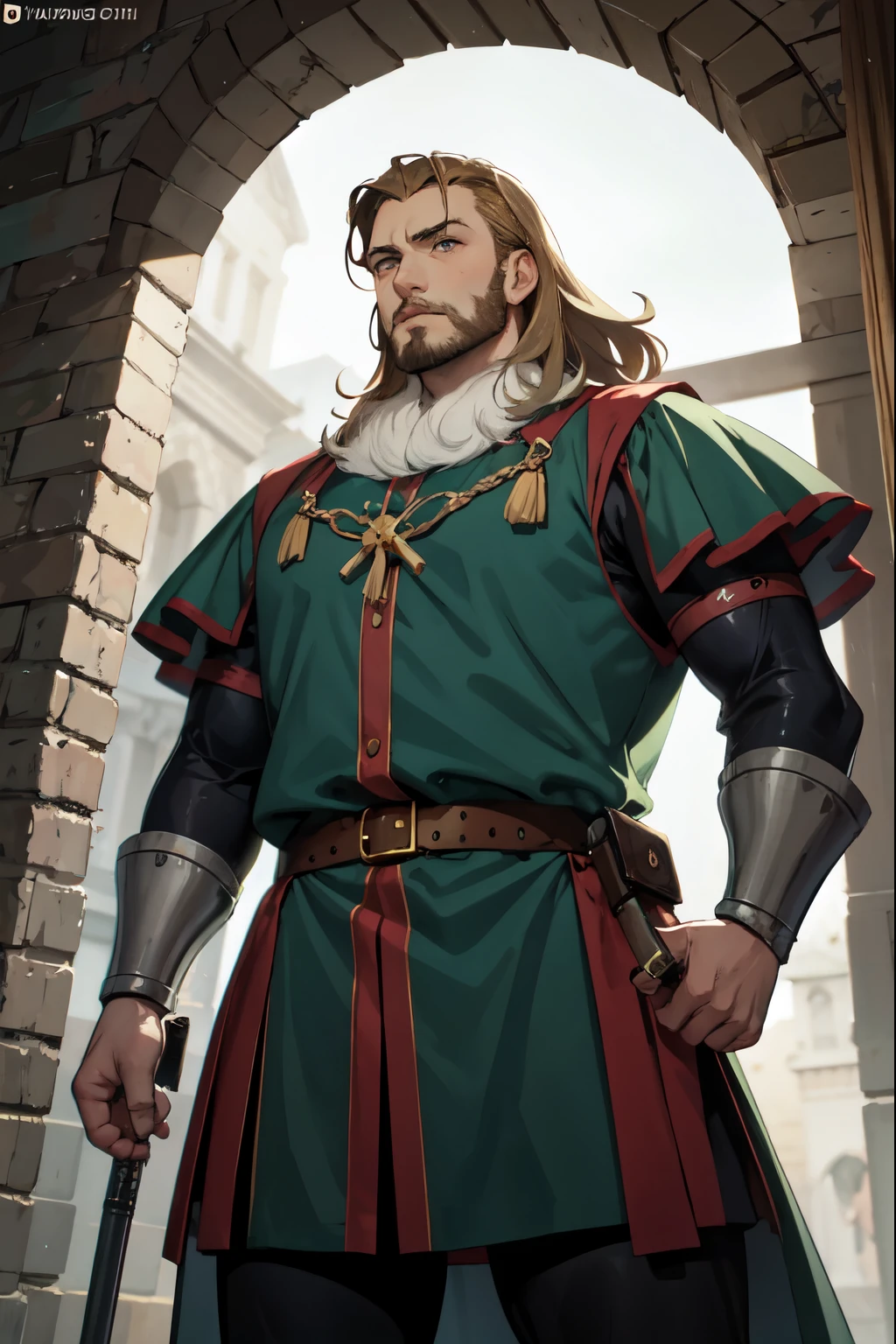 Homem, blonde, medium hair, adulto, alto, forte, homem grande, musculoso, com barba, medieval, anime, soldado, roupas verdes, olhos azuis