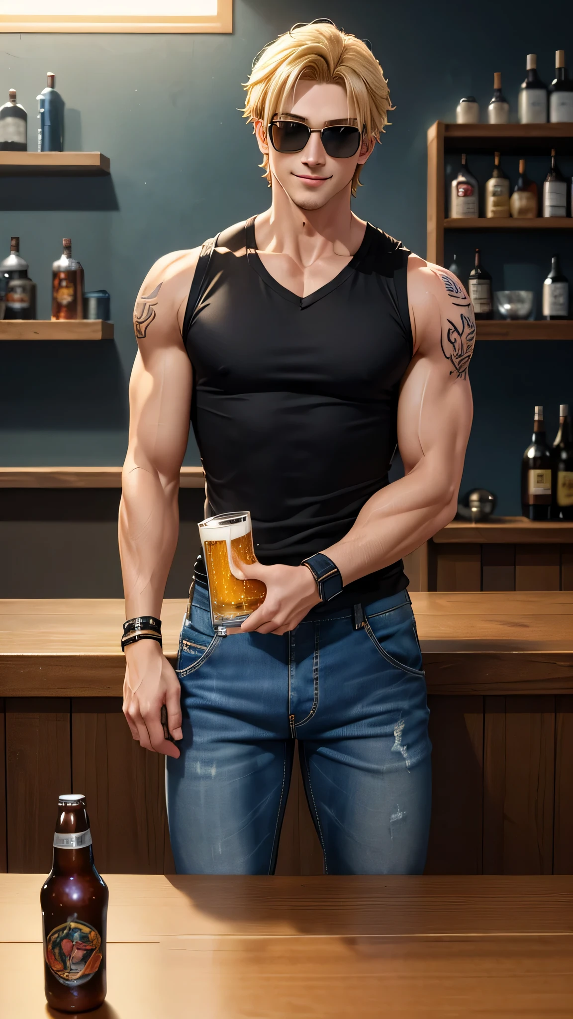 最high quality、best image quality、masterpiece、male((20-year-old、 By becoming、wide open breast tea、輝くeye, blonde、shortcut、black vest、blue t-shirt、denim pants、Wristband、stubble、muscular、eye、sunglasses、full body tattoo、smile、holding beer bottles)),high quality、beautiful art、background((Hawaii,bar))、Flight、debris flies、Depth of written boundary、movie、visual art、perfect art、8k,genuine、