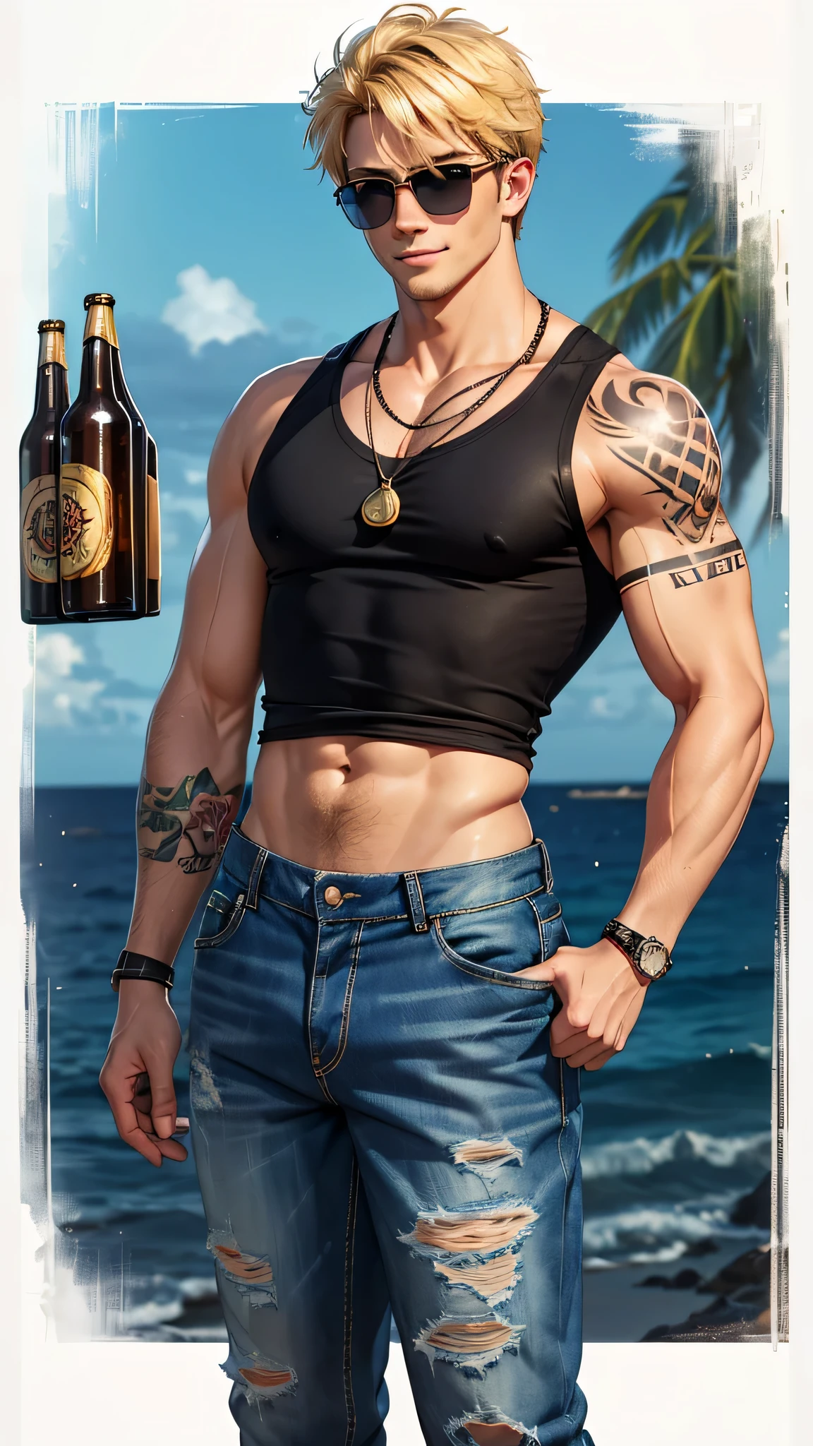 最high quality、best image quality、masterpiece、male((20-year-old、 By becoming、wide open breast tea、輝くeye, blonde、shortcut、black vest、blue t-shirt、denim pants、Wristband、stubble、muscular、eye、sunglasses、full body tattoo、smile、holding beer bottles)),high quality、beautiful art、background((Hawaii,bar))、Flight、debris flies、Depth of written boundary、movie、visual art、perfect art、8k,genuine、