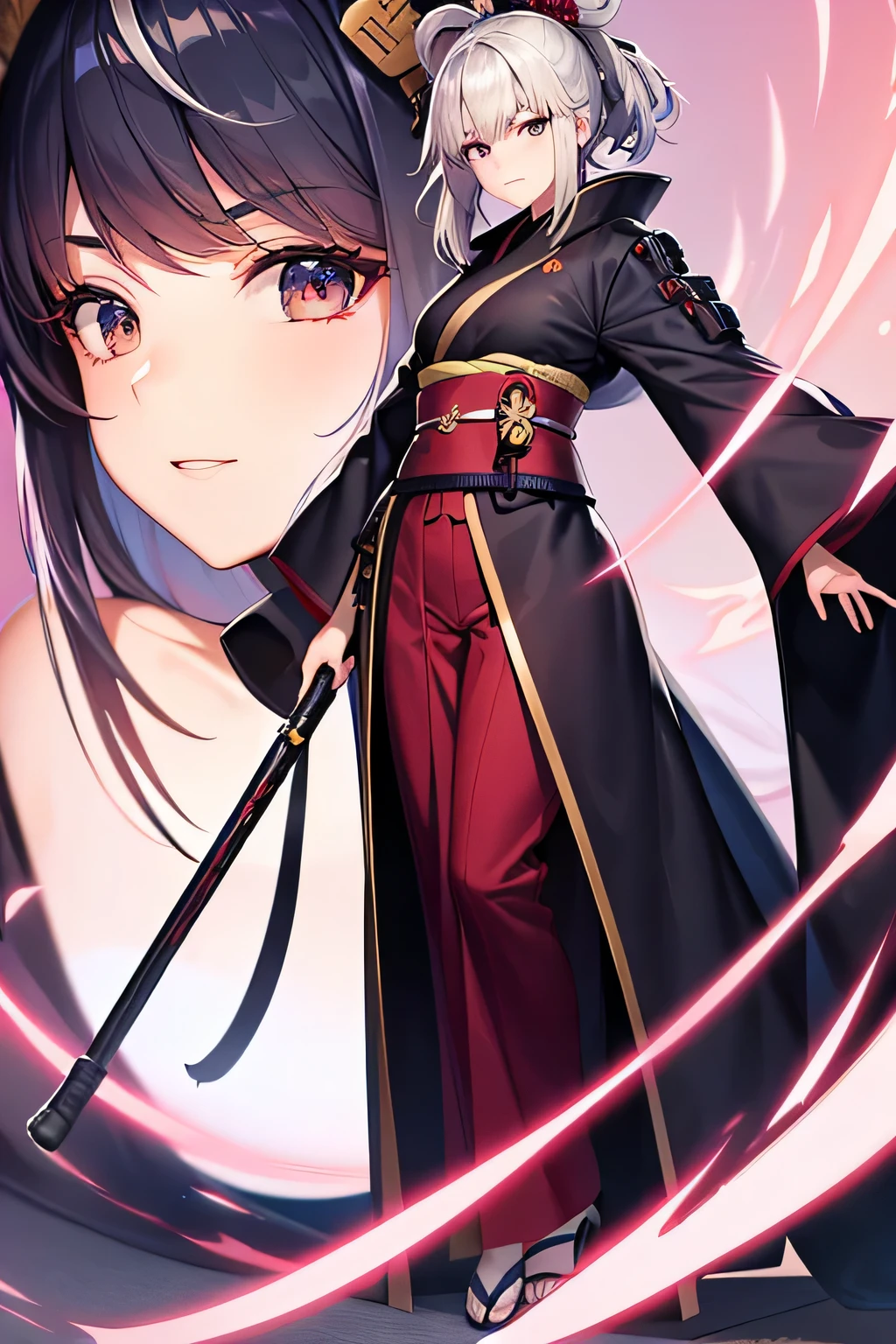 Samurai girl with a long robe and long pants. Detailed face. Full body shot
