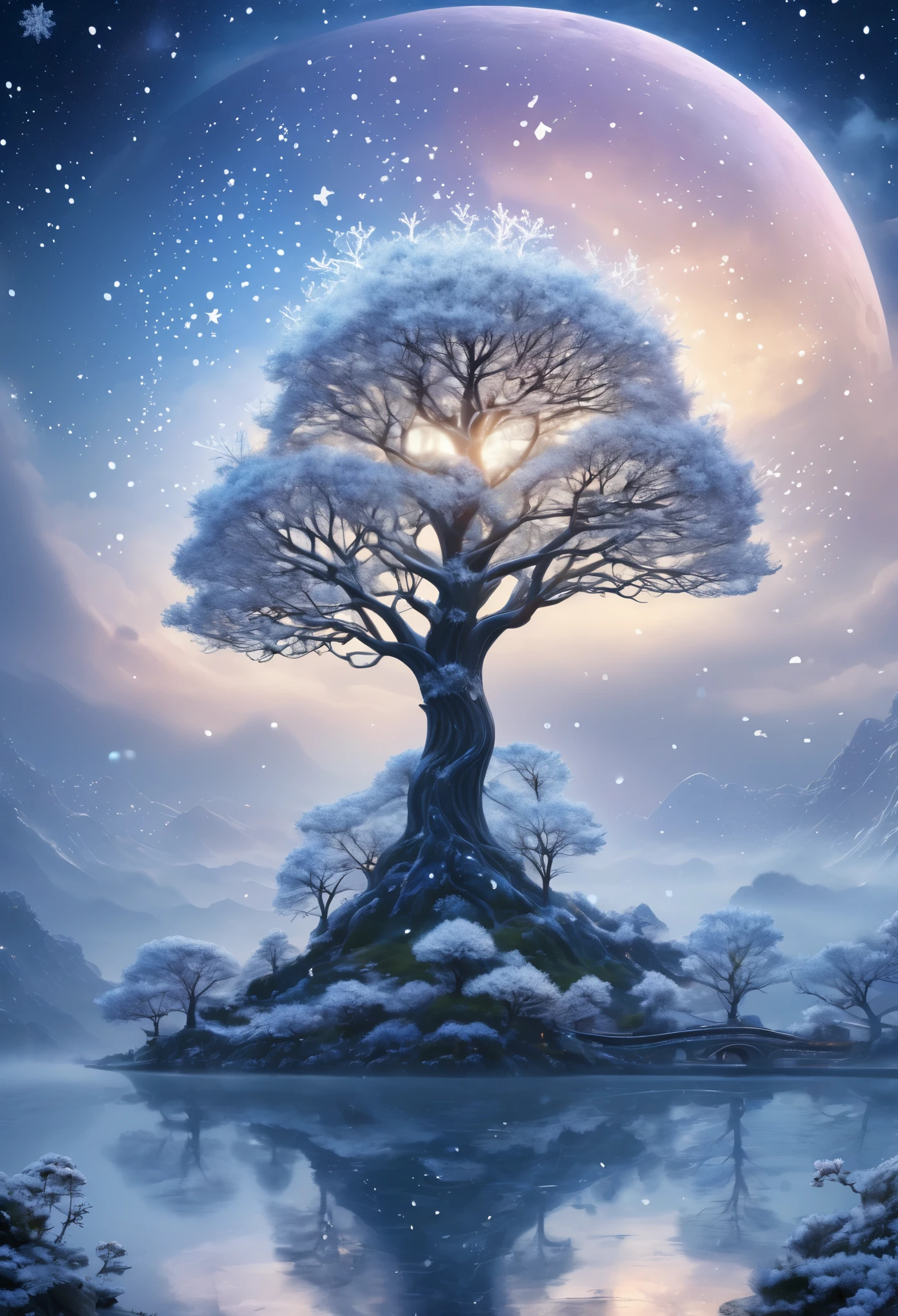 The princess&#39;s face appears in the air，(multiple exposure:1.8),winter landscape，surreal wonderland，A fairy island floating in dreamy clouds and mist，(Big snowflake:1.3)，色とりどりのBig snowflakeが飛んでいます，princess&#39;the palace is covered with snow，The tree of life blooms with infinite vitality.，Stars twinkling in the night sky，Overlapping clouds and fog，quirky fantasy landscape art, Beautiful Art Ultra HD 8K, 8K high-definition digital art, Beautifully detailed fantasy, Epic dreamy fantasy landscape, Mysterious and fantastic landscapes, magical fantasy is very detailed, magical landscape, Big snowflakeと幻想的に浮かぶ妖精の島々Consists of。, detailed fantasy digital art, 8K Detailed Digital Art