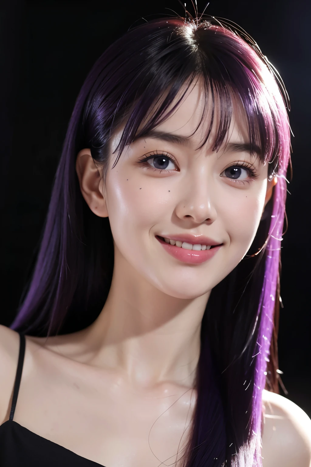 best quality, high quality, a cute girl, solo, beautiful purple hair, beautiful purple eyes, light smile, black hair, with glassed