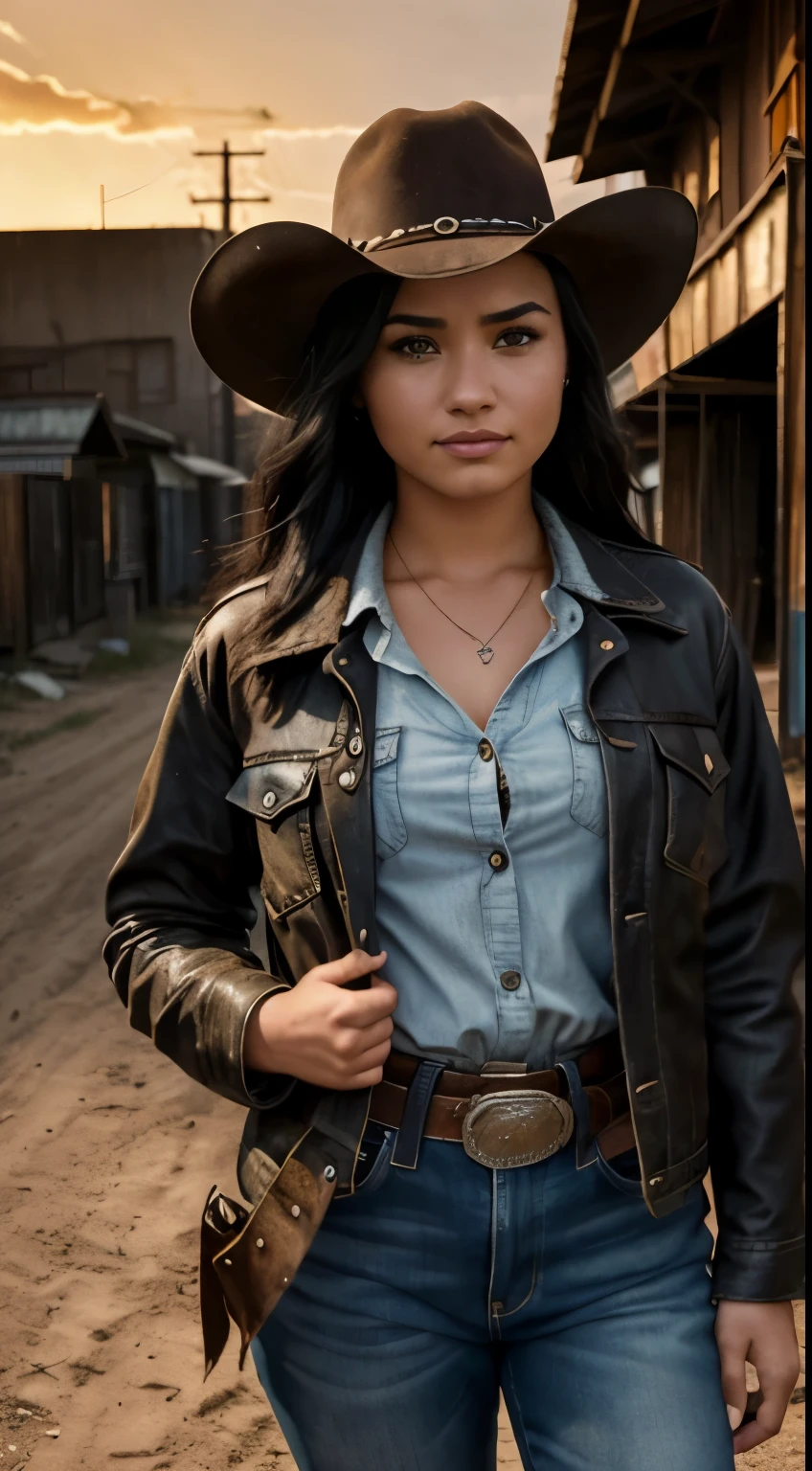 Foto hiperrealista en primer plano de Demi Lovato, masterpiece, best quality, (photorealistic:1.4), (cowboy outfit, jacket over shirt) Create dystopian masterpieces. Western theme, dusty atmosphere, wooden buildings, a setting sun casting long shadows, aged and worn costumes, anticipation in the air, intense standoff, empty street, deserted town, beautiful woman, skinny, large big breasts, black long hair, detailed face, smile, facing the camera, photo taken from a distance, age of 25 years old