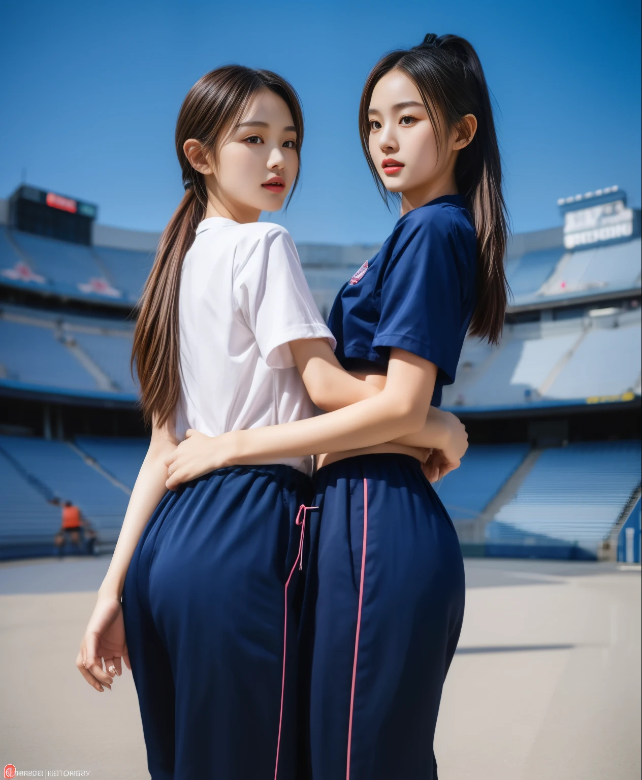 (best quality,10,10,height,Masterpiece:1.2),Special details,(realistic,ภาพrealistic,Realistic photos:1.37),1 cute girl on the football field,shiny, ผิวshiny,only,smile softly,BDclothelue shirt:1.3)),short sleeve,shirt, กางเกงขาlong.,(navy_long_track pants:1.1), ((stadium background:1.3)),Dynamic angle,excited,Face focus,dynamic poses,from behind,focus on ass,Masterpiece, best quality, ultra realistic, hyper-detail, 8K resolution, raw photos, Sharp focus, ((Navy blue shirt:1.1)), short sleeve, เส้นทางlong, perfect body, 2 mature women, 18 years old, Cinema-grade lighting system,blue sweatpants,shirtผ้าออกกำลังกาย,correct anatomy,perfect body, correct body, Sharp face, correct bodyทางกายวิภาค, full body, realistic gestures, long-haired, realistic poses,Wear long shorts................................,ช่วงขาlong,Good shape,carved girl, Slender figure, model, Good shape, beautiful body,blue sweatpants, two girls kissing