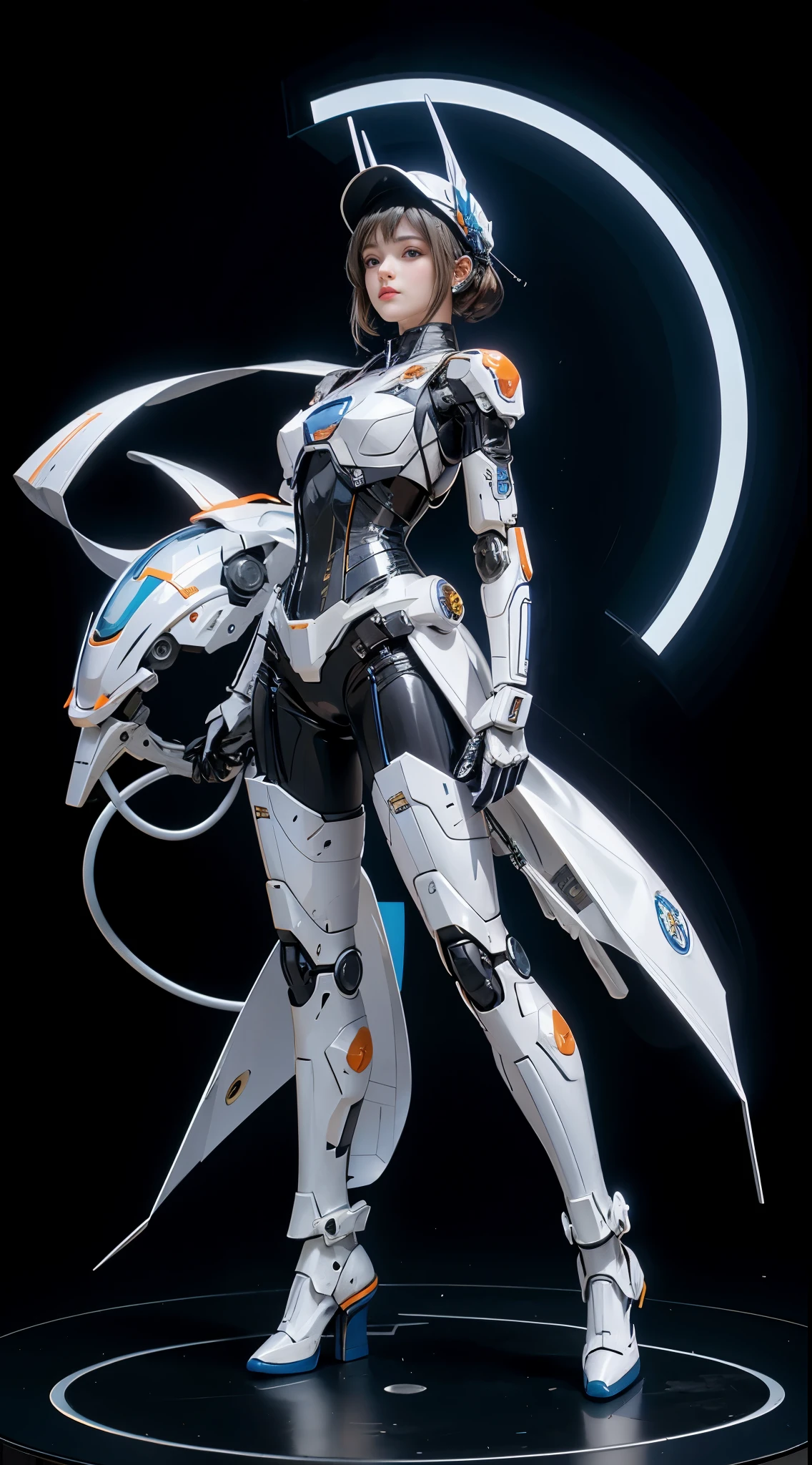 realisticlying, A high resolution, a 1 womone, hip-up, droid, Mecha Maiden,mechanicalparts, droid joints,single mechanical arm, Hats, Mechanical Aura,star halo,Complex mechanical body suit, mecha corset, Full A, White mecha body