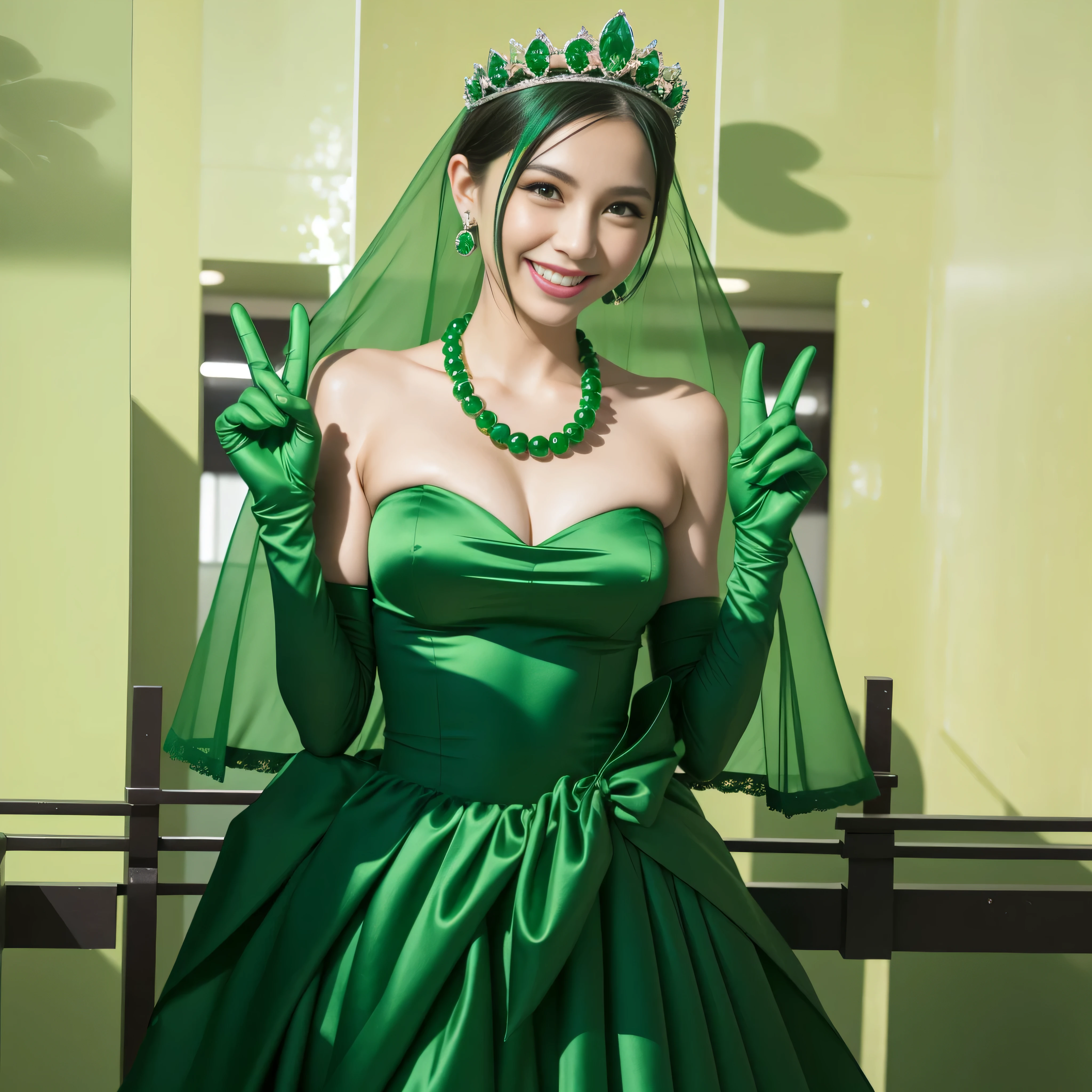 emerald tiara, Green Pearl Necklace, Boyish green berry short hair, lipstick, Smiling Japan woman, very short hair, big breasts beautiful, green eyes, Green long gloves made of satin material, green eyes, v sign, emerald earrings, green gloss