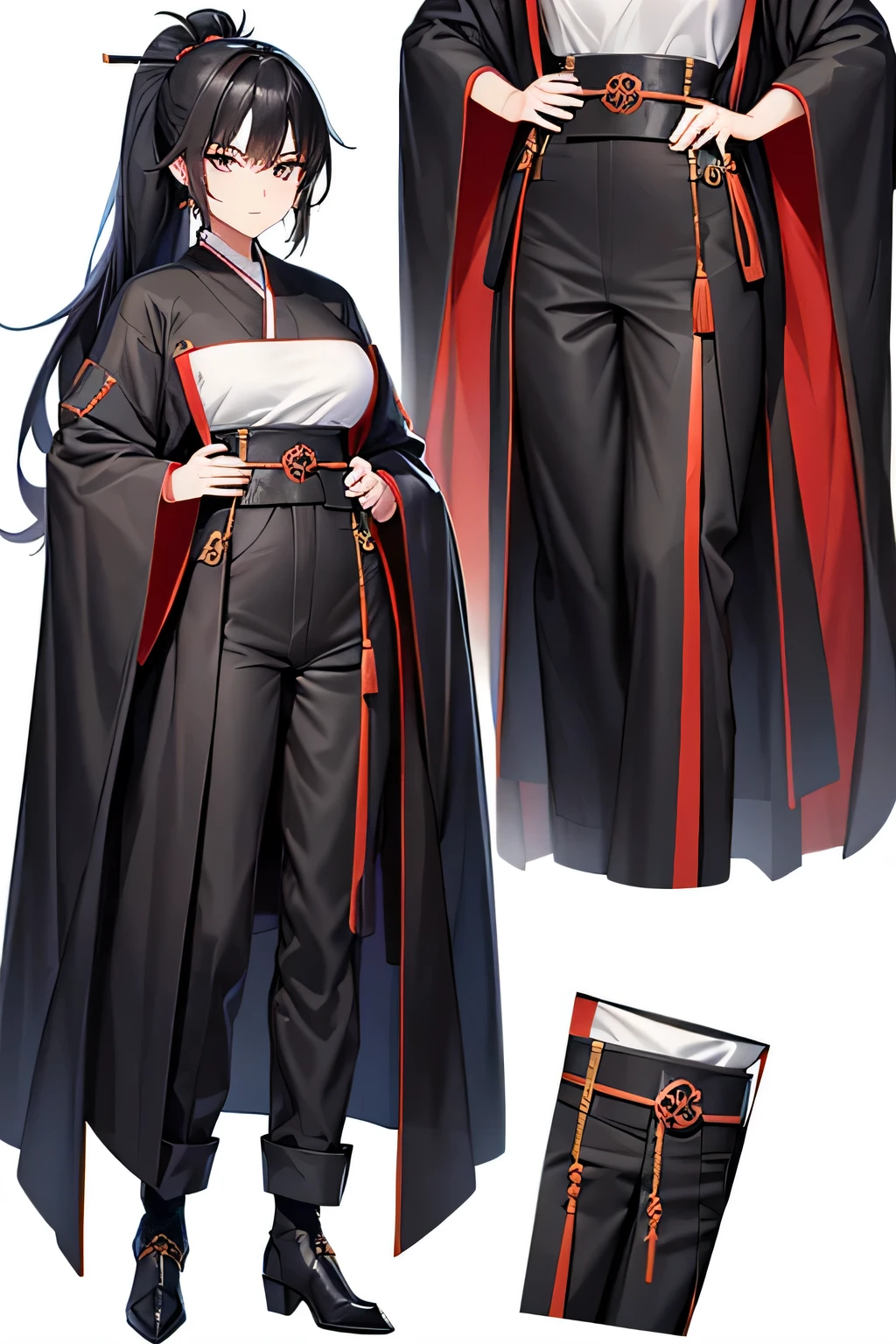 black haired samurai girl with a long robe and long pants wearing boots. Detailed face. Full body shot