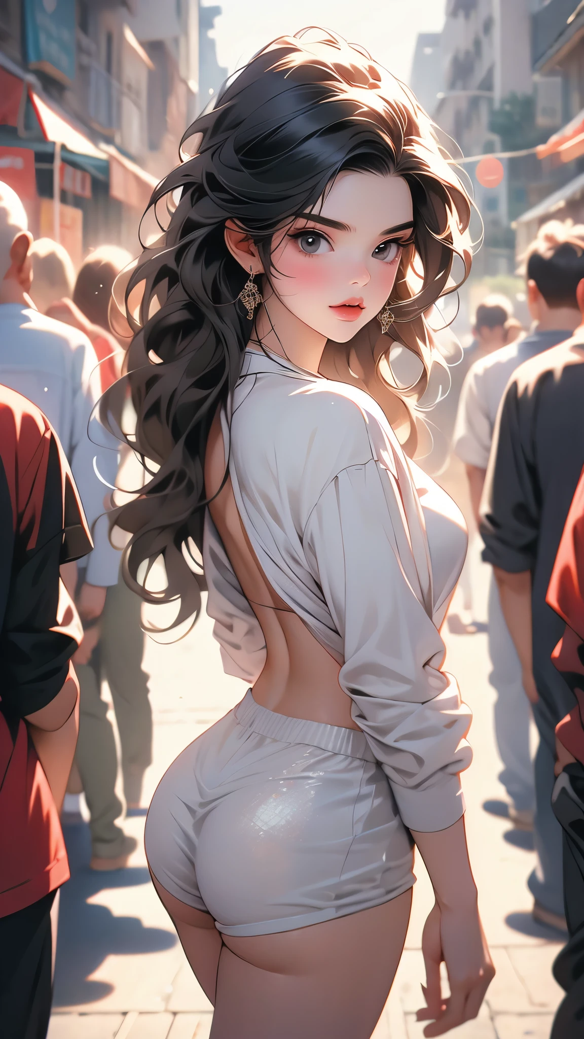 a full body portrait of Kendall Jenner, back facing the camera, butt in focus, looking back at the camera, biting her lips, and winking, ultra detailed, high resolution, 8K, light strokes
