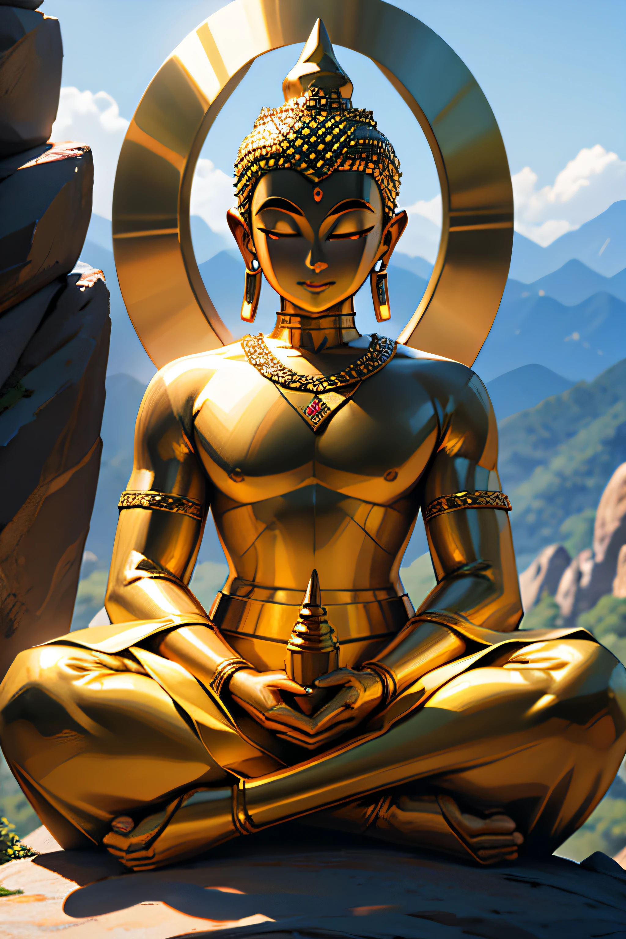 Golden Buddha, Perfect dark face, Emollient, Clear shadow. 8K clarity in modern Thai pattern In the 3000s, In the mountains, Some meditations wear jewelry..
