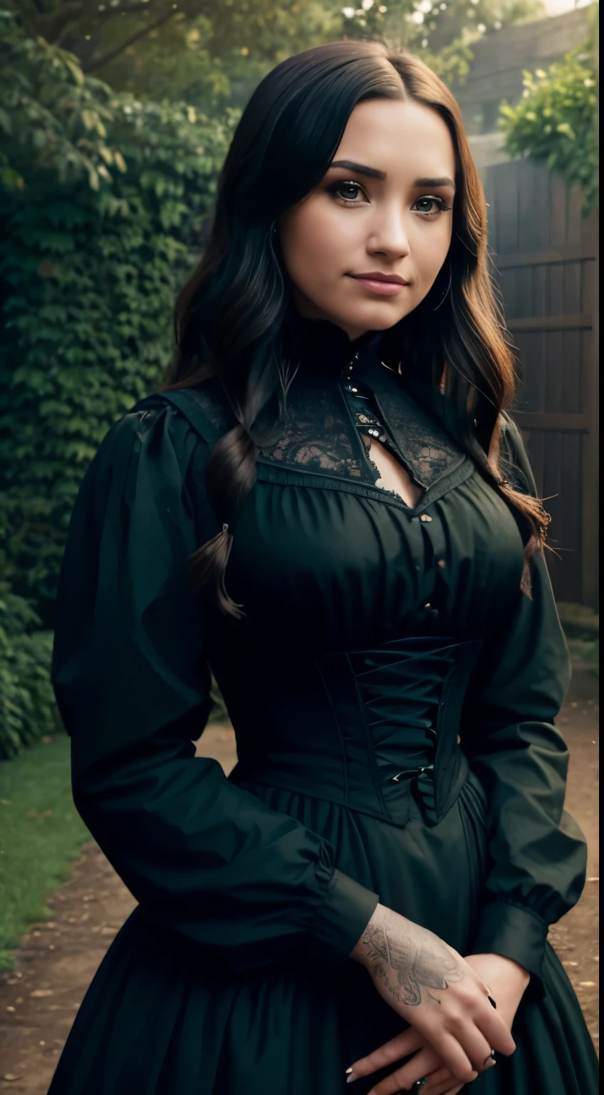 Foto hiperrealista en primer plano de Demi Lovato, Create dystopian masterpieces, victorian era clothing, rich dress, wearing a Victorian-era dress with long-sleeves, green dress, garden, cinematic light, beautiful woman, skinny skinny, large breasts, black long hair, detailed face, smile, facing the camera, photo taken from a distance, age of 25 years old
