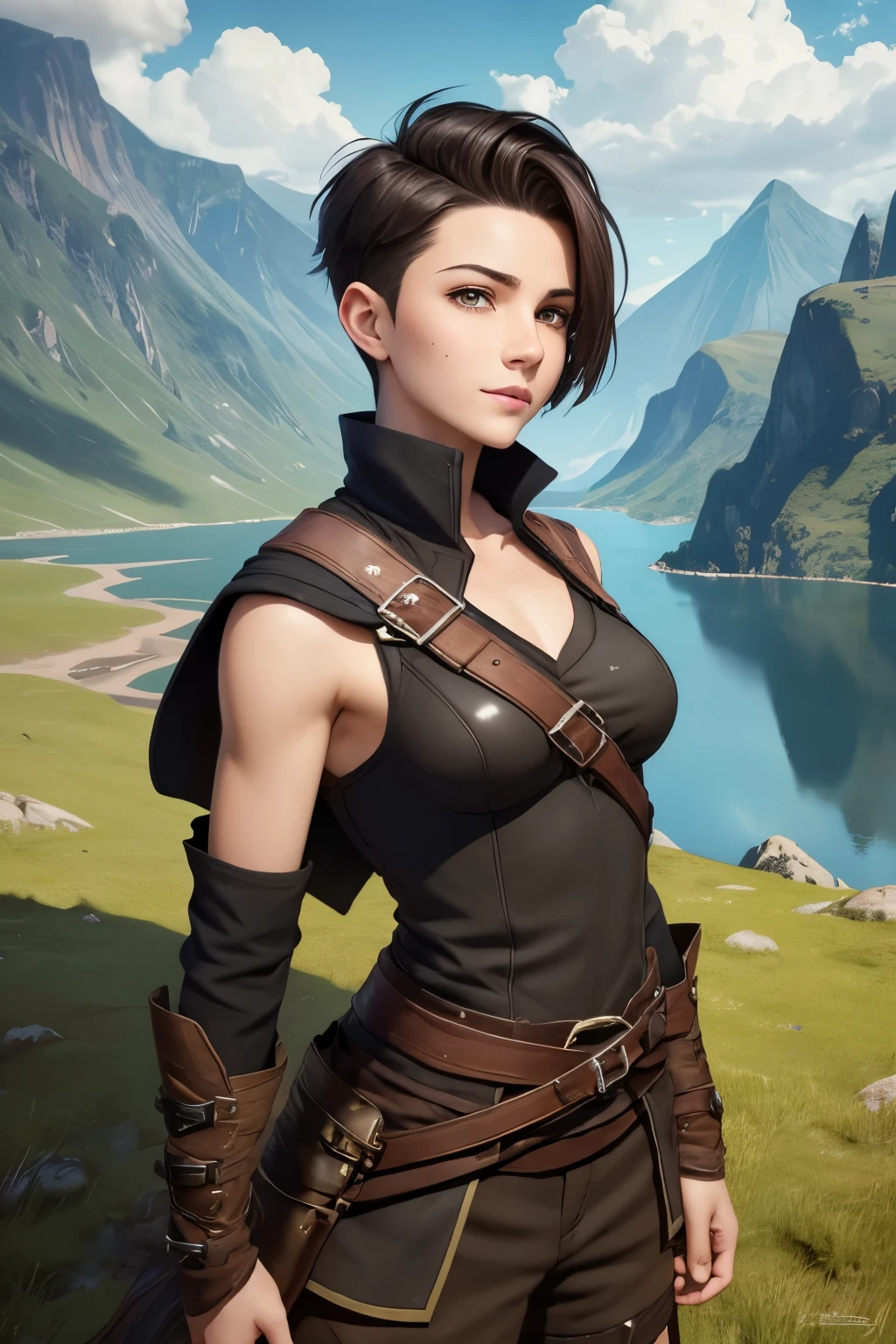 A young androgynous woman with a undercut in a fantasy setting. Happy. Kind. Friendly. Tomboyish. Very pale skin with freckles and liverspots. Very short dark-brown hair with a undercut haircut. Sides shaved. A round soft face and chin. Very thin and barely visible eyebrows. Darkbrown eyecolour. Upturned eyes. Long and wide nose. Curved lips. Long neck. . Slim. Wide hips. Long thick legs. Wearing a fantasy Style ranger outfit. Background: A beautiful colourful landscape. Sun is shining. Mountains.
