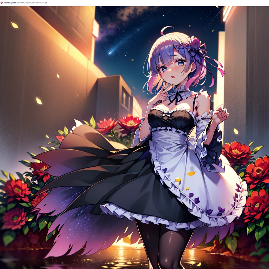 masterpiece, high quality, hi-res, illustration), 8k,blurred background, [(white background: 1.2)::5], cowboy shot, spring (season), (no light: 1.1), (temptation: 1.2), elegance , (1 : 1.1), (very long: 1.1), (blush: 0.7), floating hair, ahoge, deep sky, star (sky), (summer (floral pattern: 1.2) dress: 1.1), overview , (see-through: 0.85), shining, rose tail, (multicolor peony: 1.15), movie poster, (colorful: 1.1), ornament, petal, (pantyhose: 1.1), ribbon, pink hair