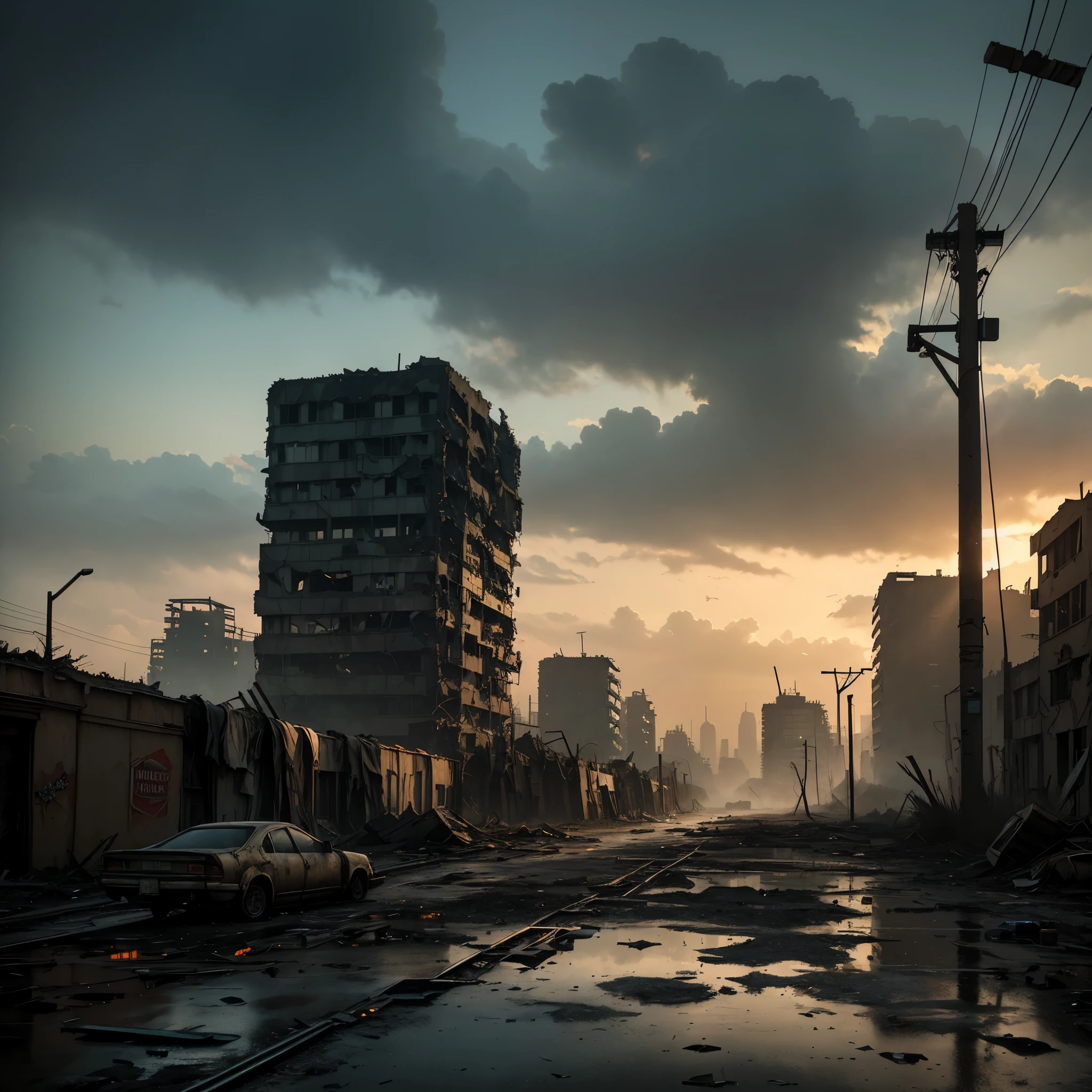 deadzone,post-apocalyptic,futuristic city,wasteland,ruins,abandoned buildings,dystopian atmosphere,desolation,silence,decay,overgrown vegetation,toxic air,barren landscape,remaining survivors,collapsed infrastructure,decaying vehicles,dark clouds,ominous sky,dilapidated skyscrapers,eerie silence,gloomy streets,trash-filled alleys,dilapidated billboards,broken windows,murky water,pollution,severe climate change,desperate scavengers,scorched earth,vandalized walls,flickering streetlights,overcast skies,deserted playgrounds,ruined infrastructure,fallen power lines,forgotten memories,barren wasteland,derelict factories,desolate streets,harsh reality,hidden dangers,sorrowful remnants,crumbling bridges,apocalyptic aftermath,shattered dreams,desperate hope,forlorn existence,fractured skyline,toxic wasteland,ghostly winds. (best quality,4k,8k,highres,masterpiece:1.2),ultra-detailed,(realistic,photorealistic,photo-realistic:1.37),post-apocalyptic landscape,gritty textures,dystopian atmosphere,sombre color palette,dramatic lighting,long shadows,moody ambiance.