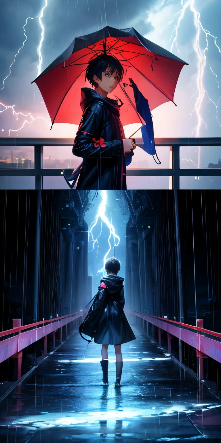 Anime,Full cover with dark,Thunderstrom with rain, 1boy with 1girl,Girl is in his hand , Cross a bridge without any protection