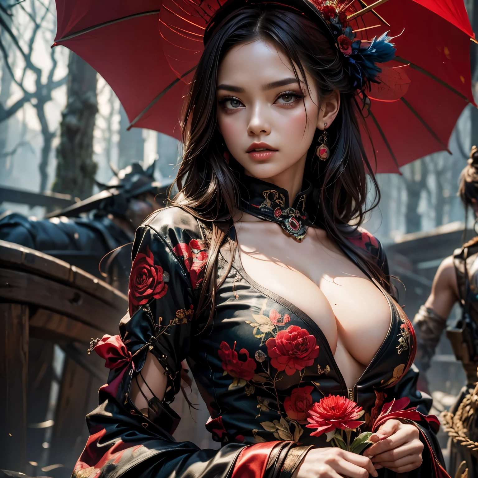 official art, unity 8k wallpaper, ultra detailed, beautiful and aesthetic, masterpiece, best quality, (zentangle, mandala, tangle, entangle), (fractal art:1.3) , 1girl, red flowers, extremely detailed, dynamic angle, cowboyshot, the most beautiful form of chaos, elegant, a brutalist designed, vivid colours, romanticism, by james jean, roby dwi antono, ross tran, francis bacon, michal mraz, adrian ghenie, petra cortright, gerhard richter, takato yamamoto, ashley wood, atmospheric