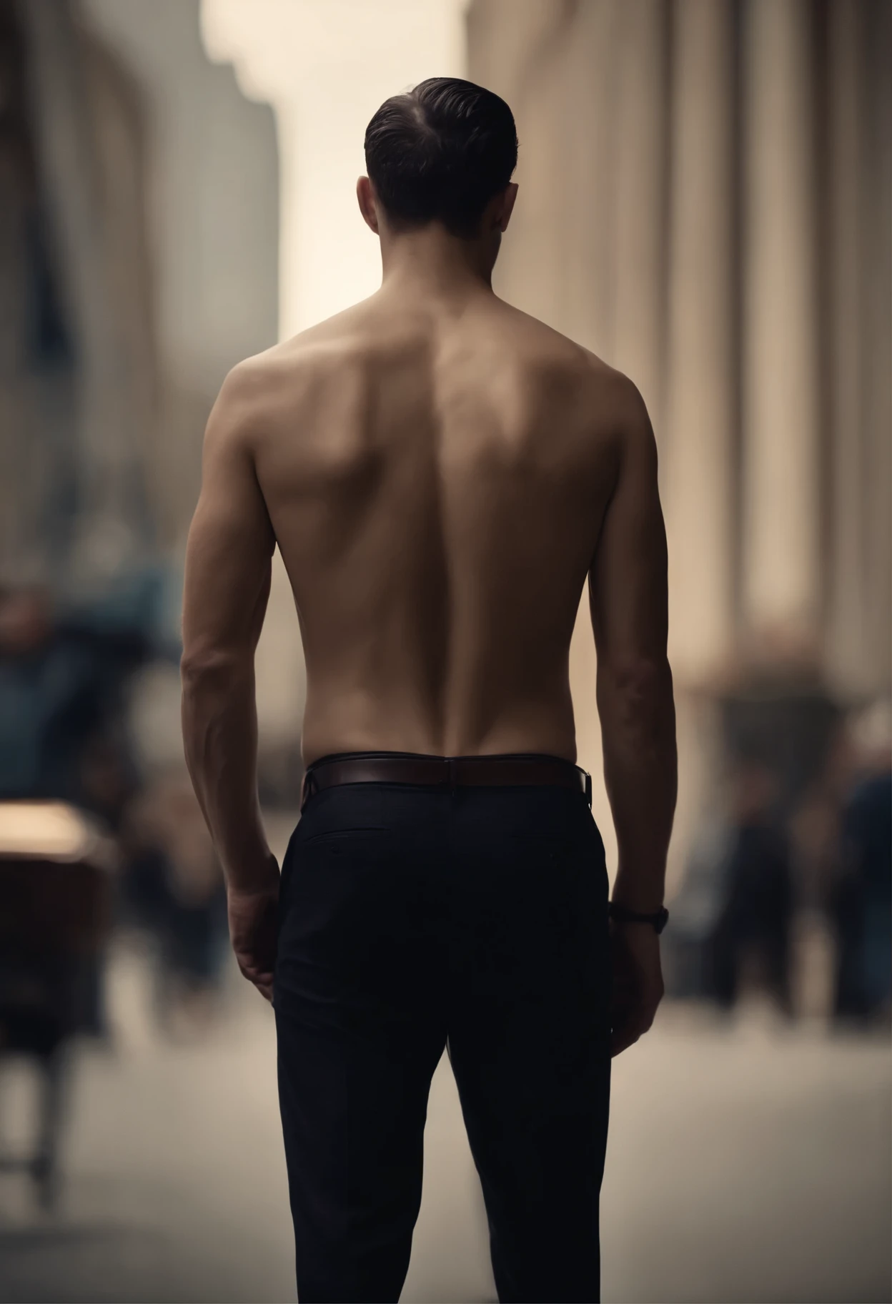 A thin man，There is no clothing on his upper back，The spine becomes a zipper