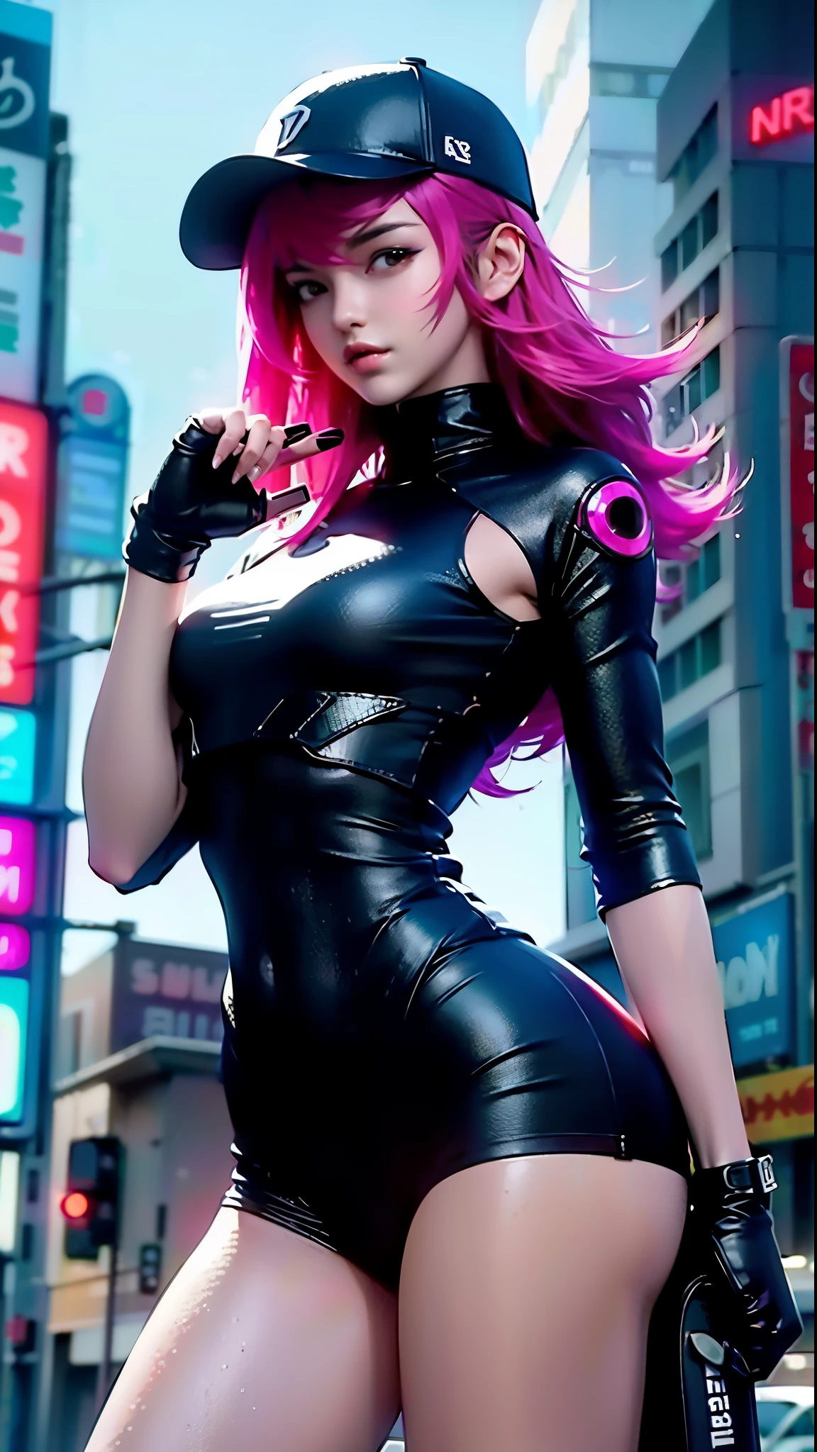 Beautiful woman medium hair, wearing cap, cyberpunk style short clothes