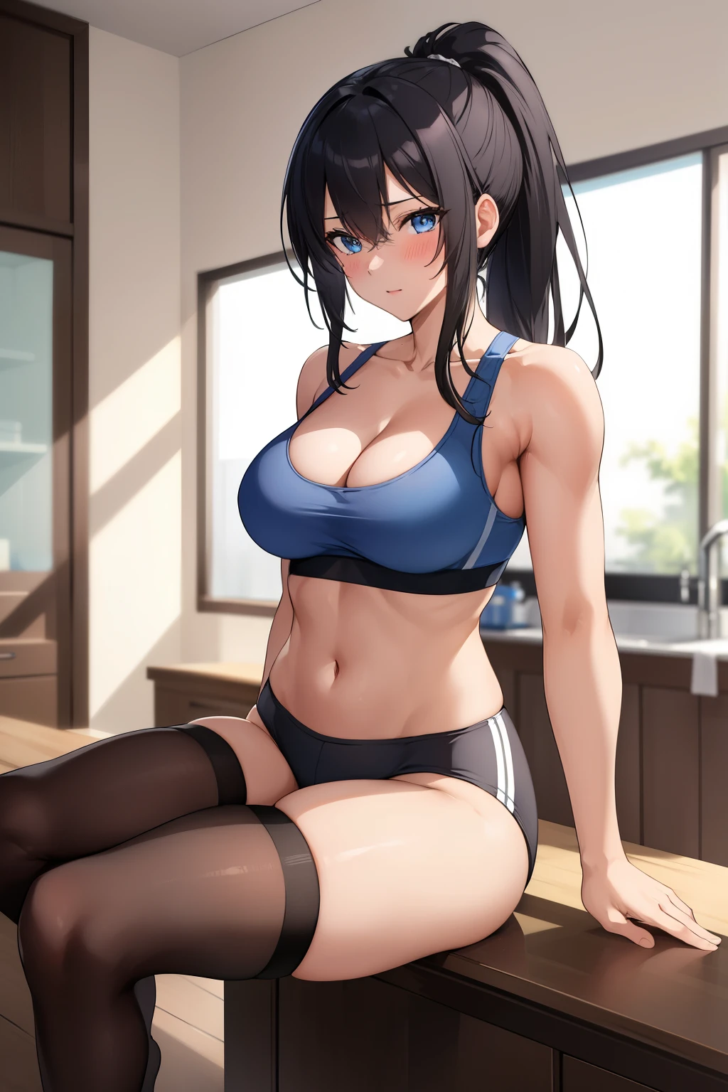 masterpiece:1.3, high quality, best quality, detailed_background,indoors,high resolution,Handsome woman，blush，long legs，ponytail，long hair，blue eyes，hot pants,sports bra,whole body,whole body像,looking at the audience，exercise well,1 girl,exposed waist，alone,black hair,cleavage，Sexy athletic girl，sexy legs