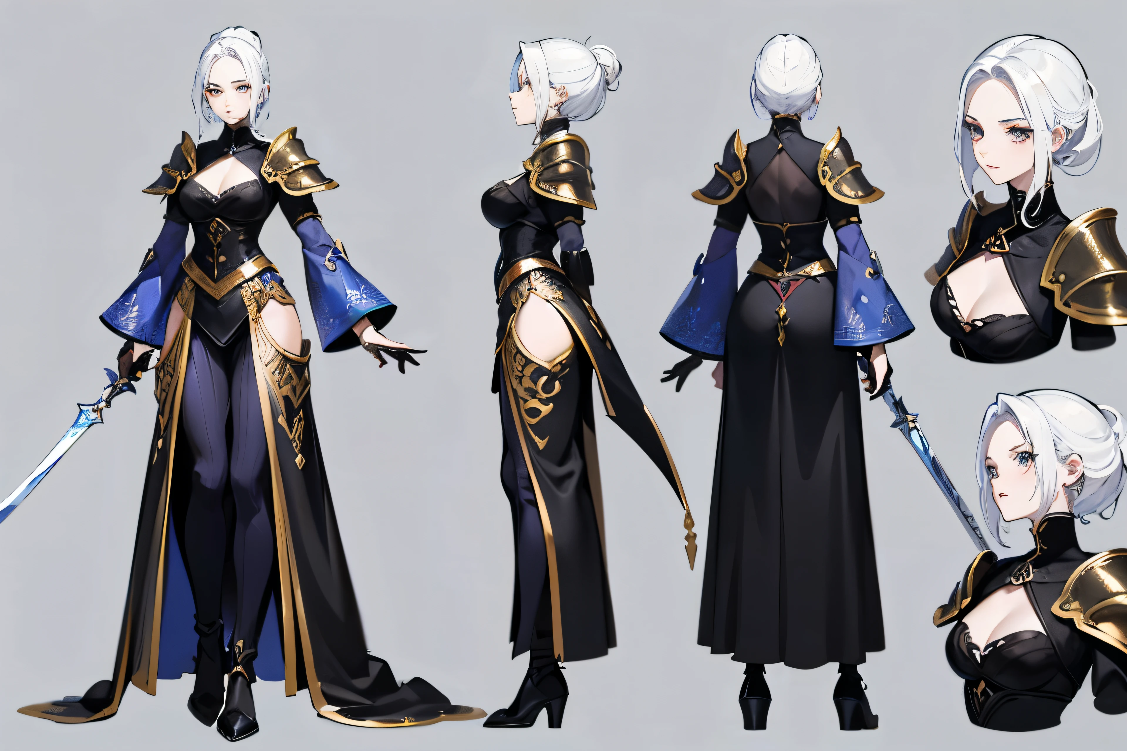 character design sheet,1 30-year-old female queen,Profession:swordsman,( dungeon & Warrior characters), cloth armor,white hair, , complete body,black clothes, luxurious,Lots of accessories,3 angle view, (Front view, body side view, Rear view)