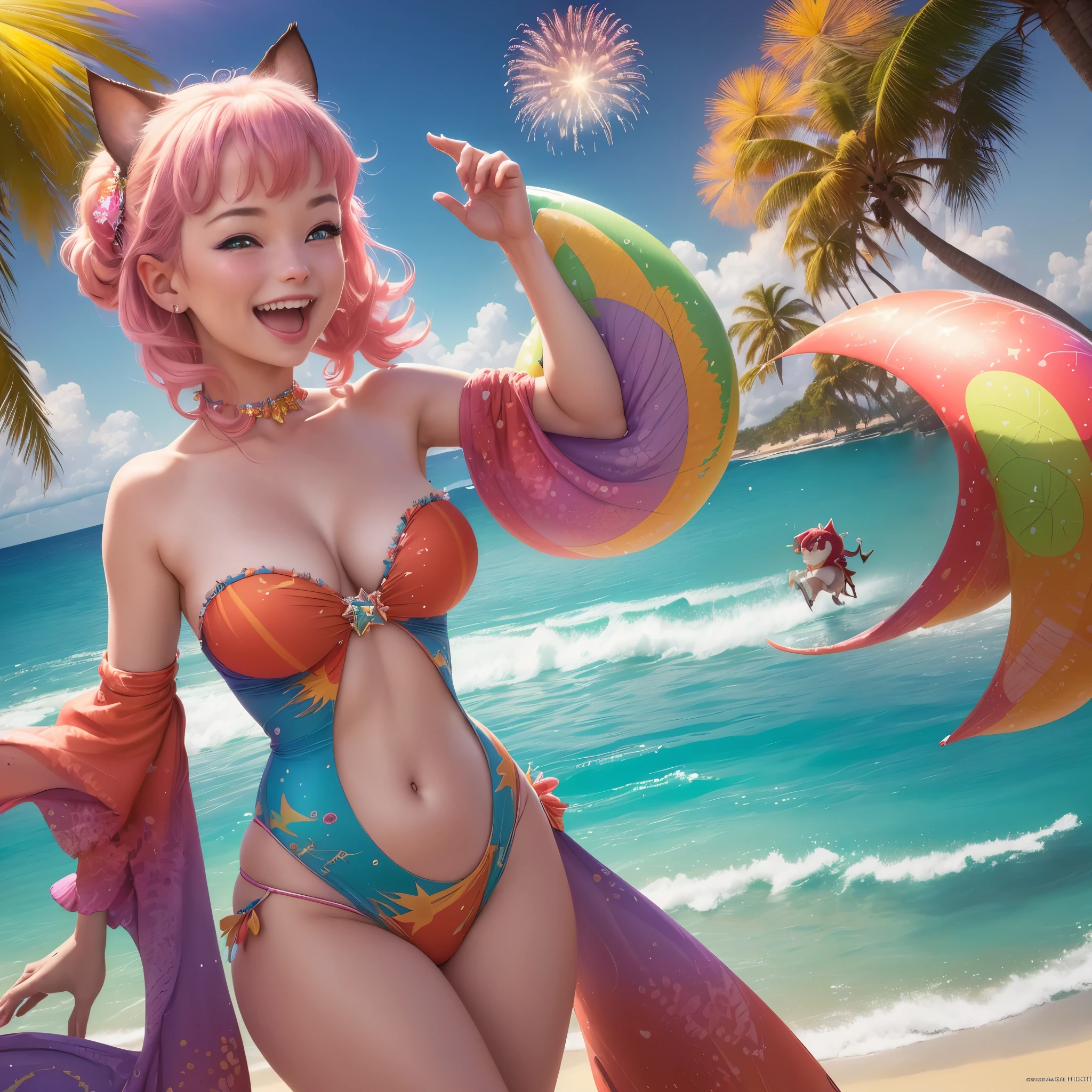 (best quality,4k,8k,highres,masterpiece:1.2),ultra-detailed,(realistic,photorealistic,photo-realistic:1.37),illustration,beach,comedy,dragons,cartoonish,vivid colors,tiny cats,party,mischief,moonlight,beach balls,cocktails,music,dancing,tropical,funny,laughter,sunset,sparkling waves,luminous moon,playful,joyful,merry,summertime,vibrant atmosphere,surrounded by palm trees,endless sand,starry night,dazzling fireworks,magical moments,colorful costumes,humor-filled,animated expressions,cheerful spirits,unforgettable memories