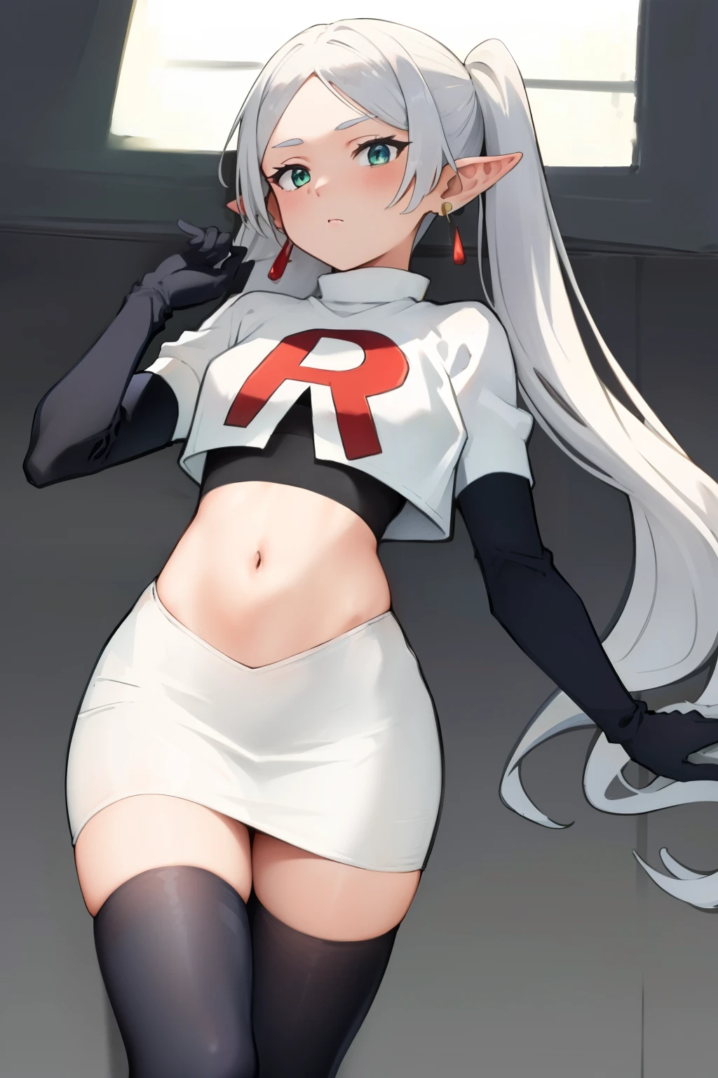 (masterpiece, best quality), intricate details,
1girl, frieren, long hair, pointy ears, jewelry, earrings, twintails, parted bangs, team rocket,team rocket uniform, red letter R, white skirt,white crop top,black thigh-highs,black elbow gloves
