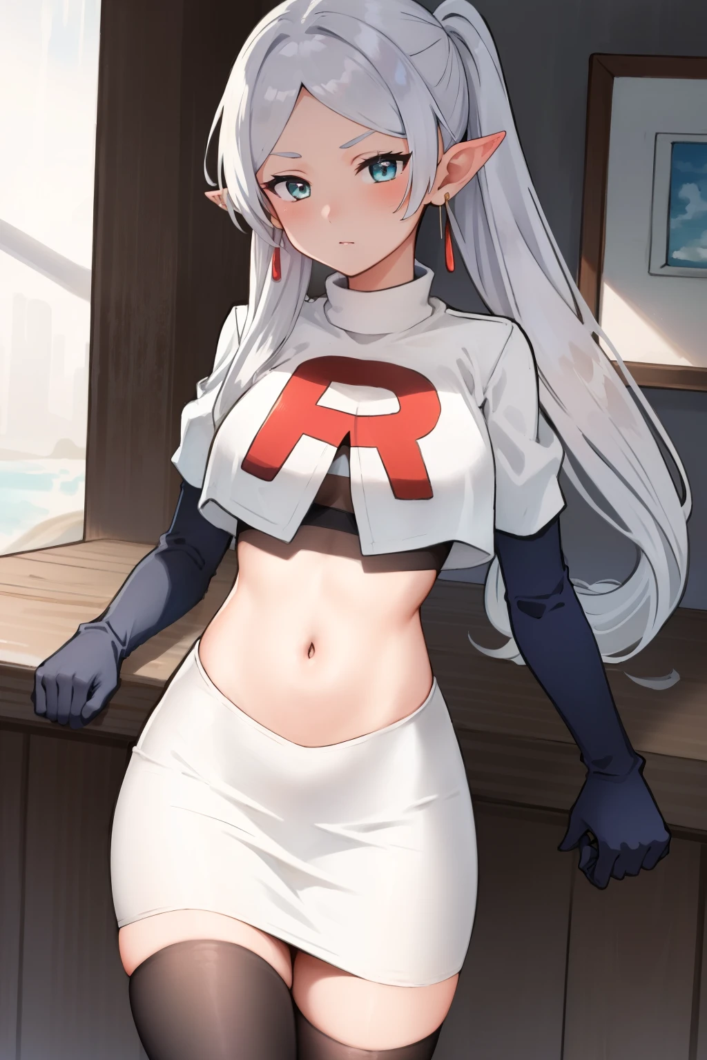(masterpiece, best quality), intricate details,
1girl, frieren, long hair, pointy ears, jewelry, earrings, twintails, parted bangs, team rocket,team rocket uniform, red letter R, white skirt,white crop top,black thigh-highs,black elbow gloves