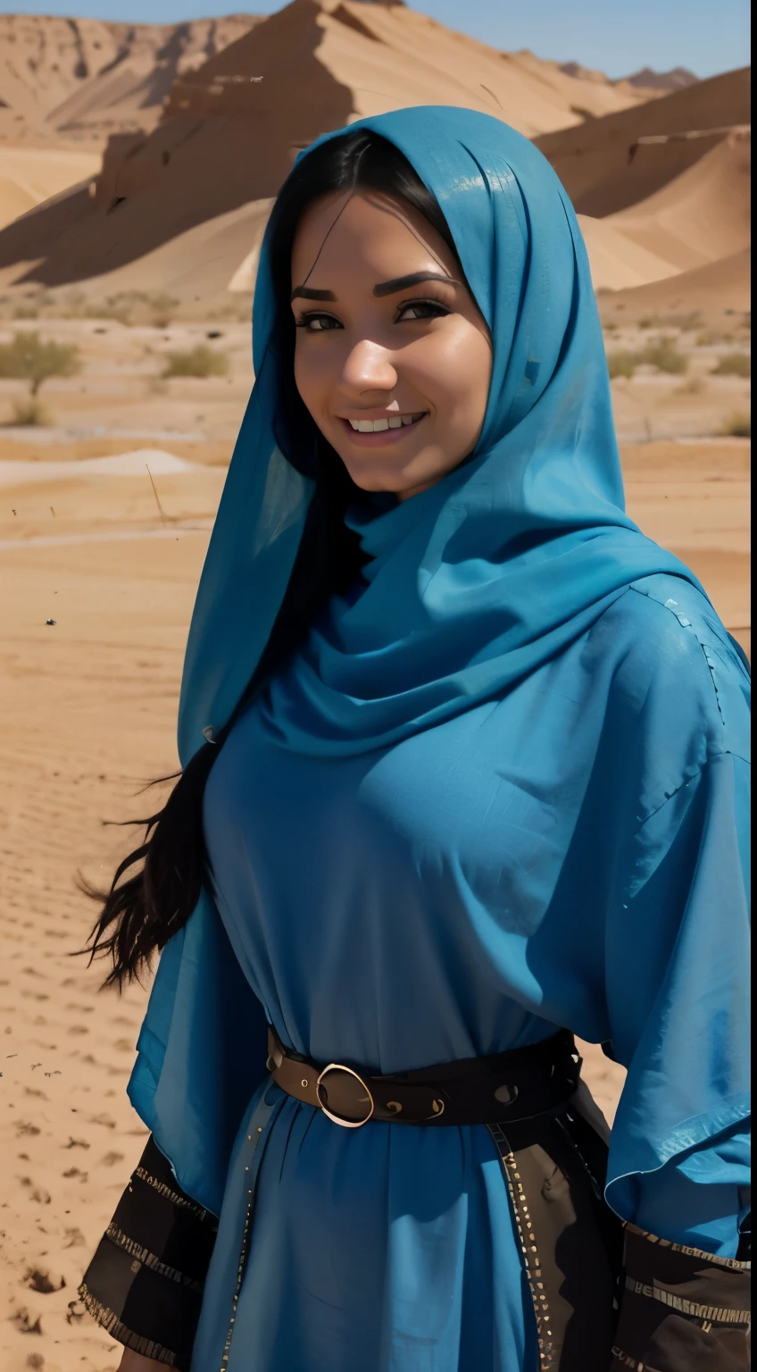 Foto hiperrealista en primer plano de Demi Lovato, Create dystopian masterpieces. in a full cover bedouin costume (blue tunic) on the desert, beautiful woman, skinny skinny, large breasts, black long hair, detailed face, smile, facing the camera, photo taken from a distance, age of 25 years old