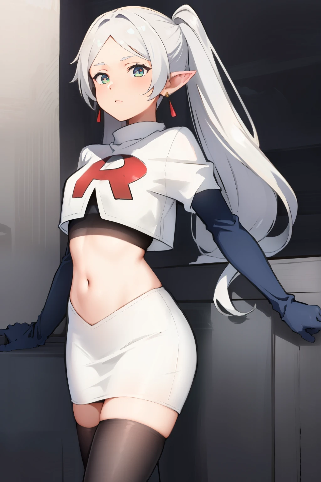 (masterpiece, best quality), intricate details,
1girl, frieren, long hair, pointy ears, jewelry, earrings, twintails, parted bangs, team rocket,team rocket uniform, red letter R, white skirt,white crop top,black thigh-highs,black elbow gloves