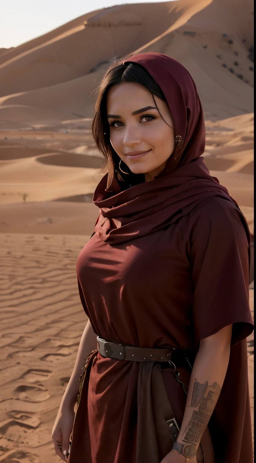 Foto hiperrealista en primer plano de Demi Lovato, Create dystopian masterpieces. in a full cover bedouin costume (dark red tunic) on the desert, beautiful woman, skinny skinny, large breasts, black long hair, detailed face, smile, facing the camera, photo taken from a distance, age of 25 years old