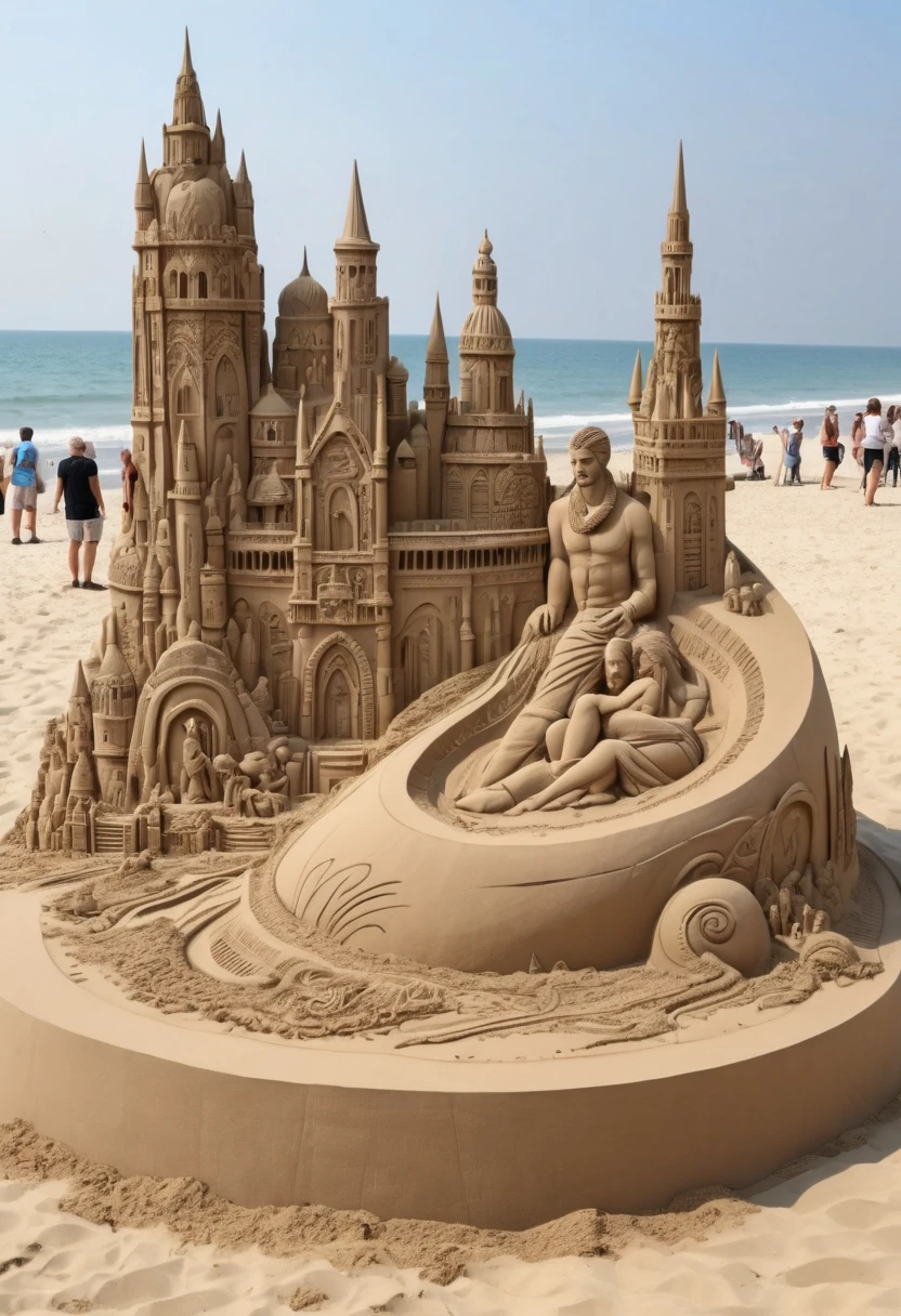 on Beach, Sand sculpture exhibition, tourists admire the exquisite works created by artists using sand, (best quality, masterpiece, Representative work, official art, Professional, Ultra intricate detailed, 8k:1.3)