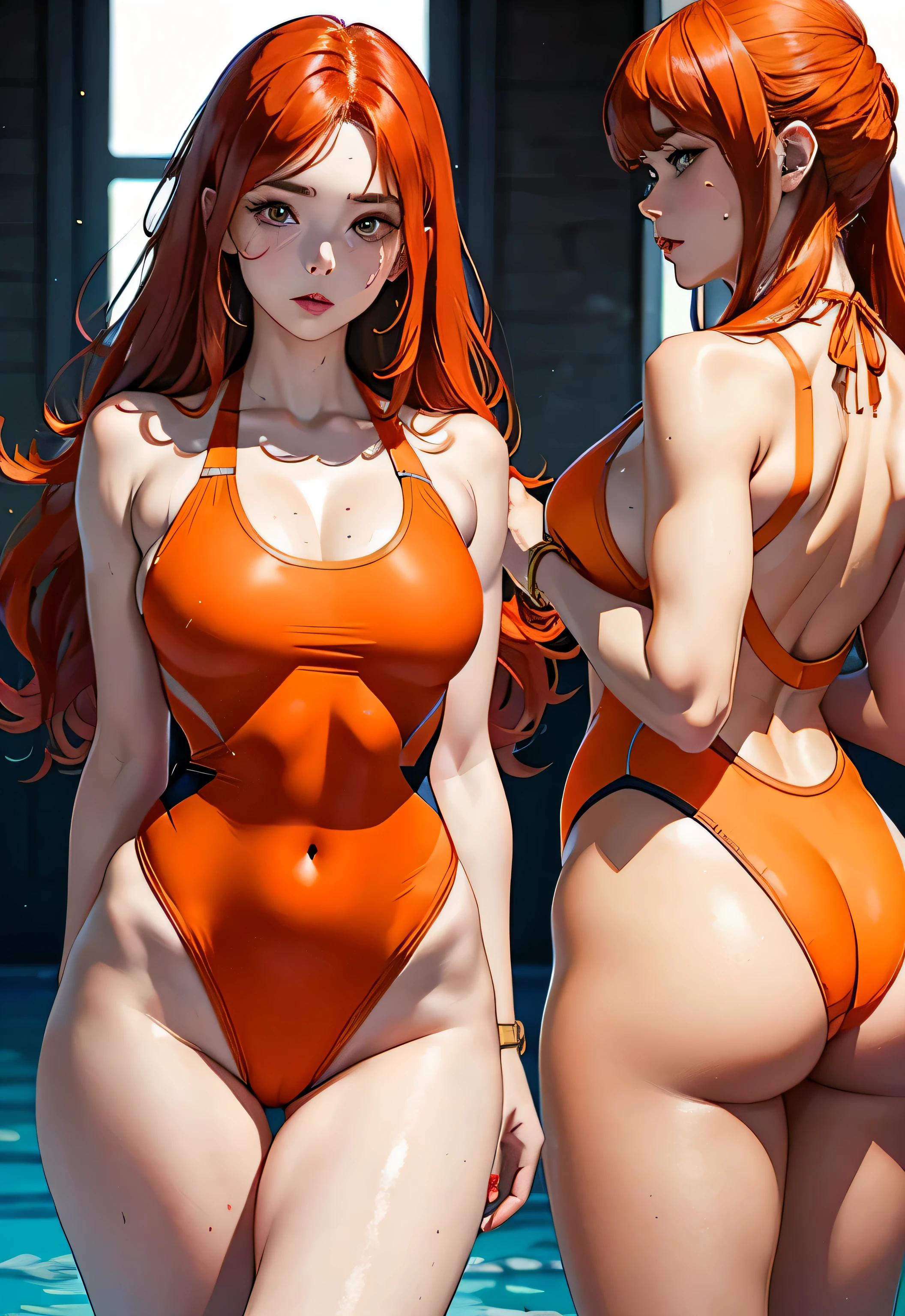 actual、Super high chroma、8k、red hair long curly hair(((30-year-old girl)))、((((She was wearing an orange and black competition swimsuit。))))competitive swimmer、Big deal 、Thick thighs、Pay attention to muscle development。view from behind、show your butt、 olympic Comcompetitive swimmerics stadium 美しい顔, Highly detailed facial and skin textures, (Eyes have small wrinkles, double eyelids, thin eyebrows, glitter eyeliner: 1.2, natural cheeks, skin shiny, White skin,, (glossy lips: 1. 4),Sweating 1.0、(((vitality)))