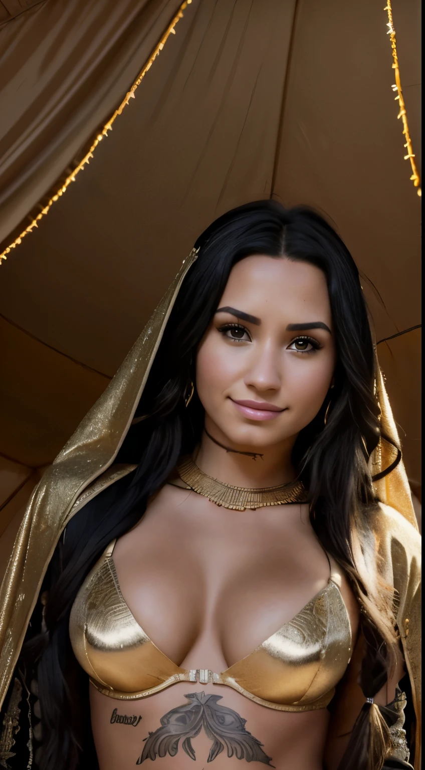 Foto hiperrealista en primer plano de Demi Lovato, Create dystopian masterpieces. in a full cover bedouin costume (gold bra) inside a tent, beautiful woman, skinny skinny, large breasts, black long hair, detailed face, smile, facing the camera, photo taken from a distance, age of 25 years old