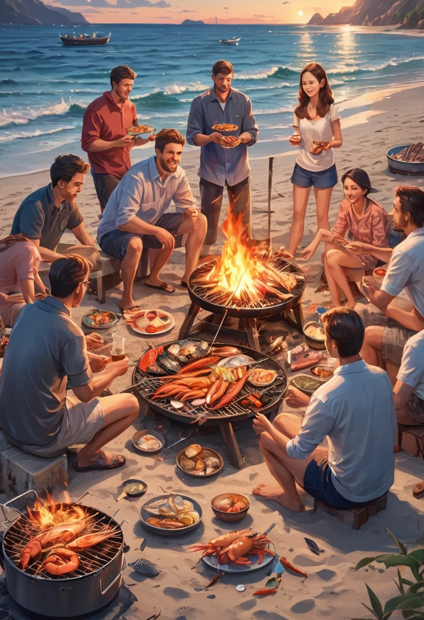 Holding a seafood barbecue on the beach, people sit around the campfire, taste delicious seafood and barbecue, talk about life, and enjoy a comfortable time, (best quality, masterpiece, Representative work, official art, Professional, Ultra intricate detailed, 8k:1.3)