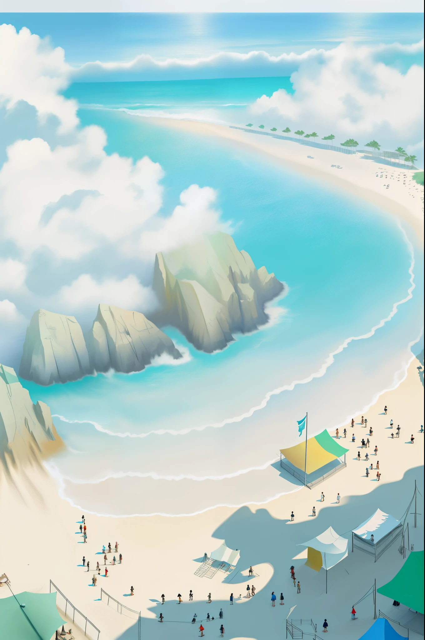 the anime, Blue Sea, Beach, beach ,Yellow sand, Rare clouds, Deserted beach, Without buildings, sunny,crowded crowds on the beach