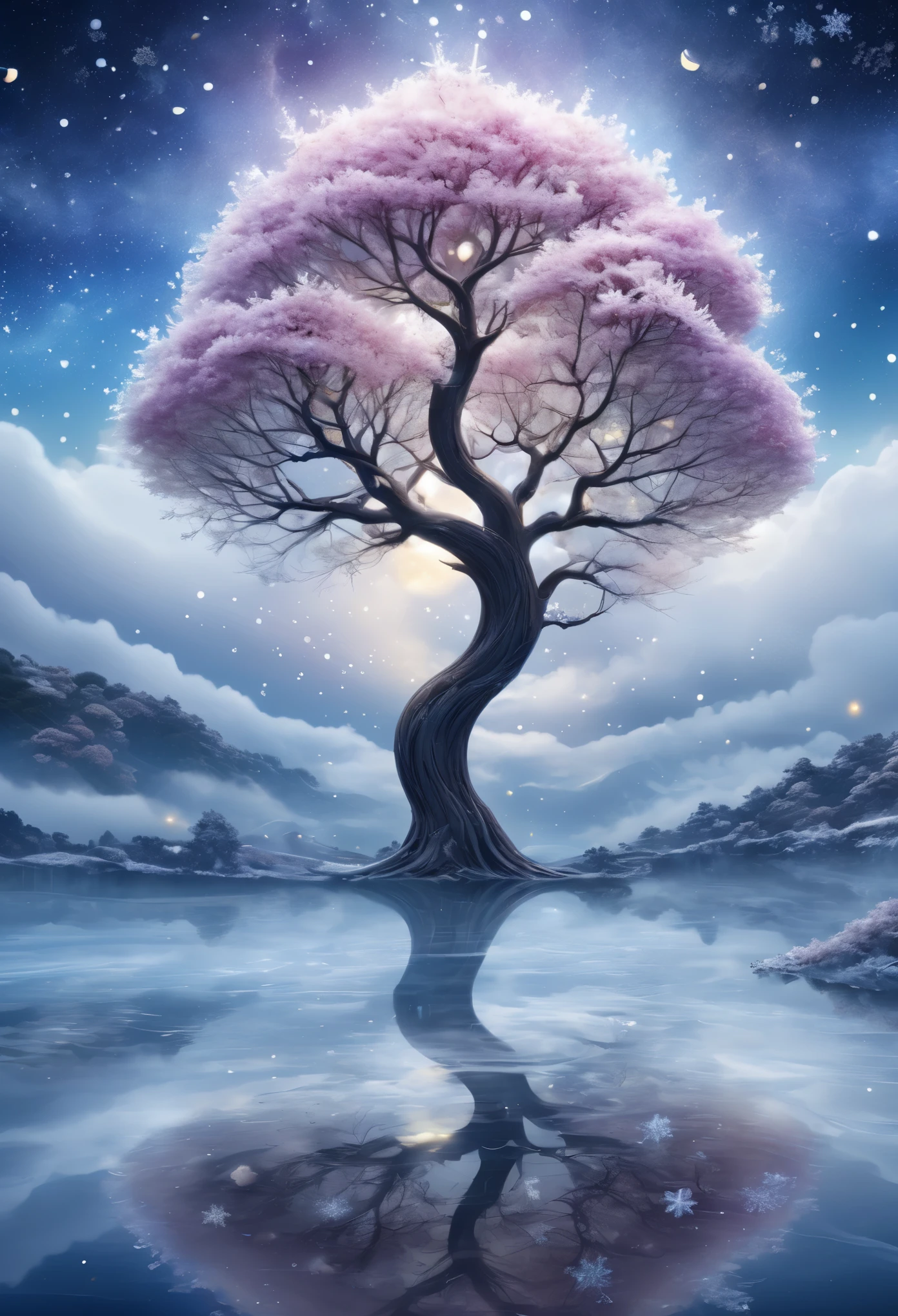 The princess's face appears in the air,(multiple exposure:),winter landscape,surreal wonderland,A fairy island floating in dreamy clouds and mist,(Big snowflake:1.3),色とりどりのBig snowflakeが飛んでいます,princess'the palace is covered with snow,The tree of life blooms with infinite vitality.,Stars twinkling in the night sky,Overlapping clouds and fog,quirky fantasy landscape art, Beautiful Art Ultra HD 8K, 8K high-definition digital art, Beautifully detailed fantasy, Epic dreamy fantasy landscape, Mysterious and fantastic landscapes, magical fantasy is very detailed, magical landscape, Big snowflakeと幻想的に浮かぶ妖精の島々Consists of。, detailed fantasy digital art, 8K Detailed Digital Art