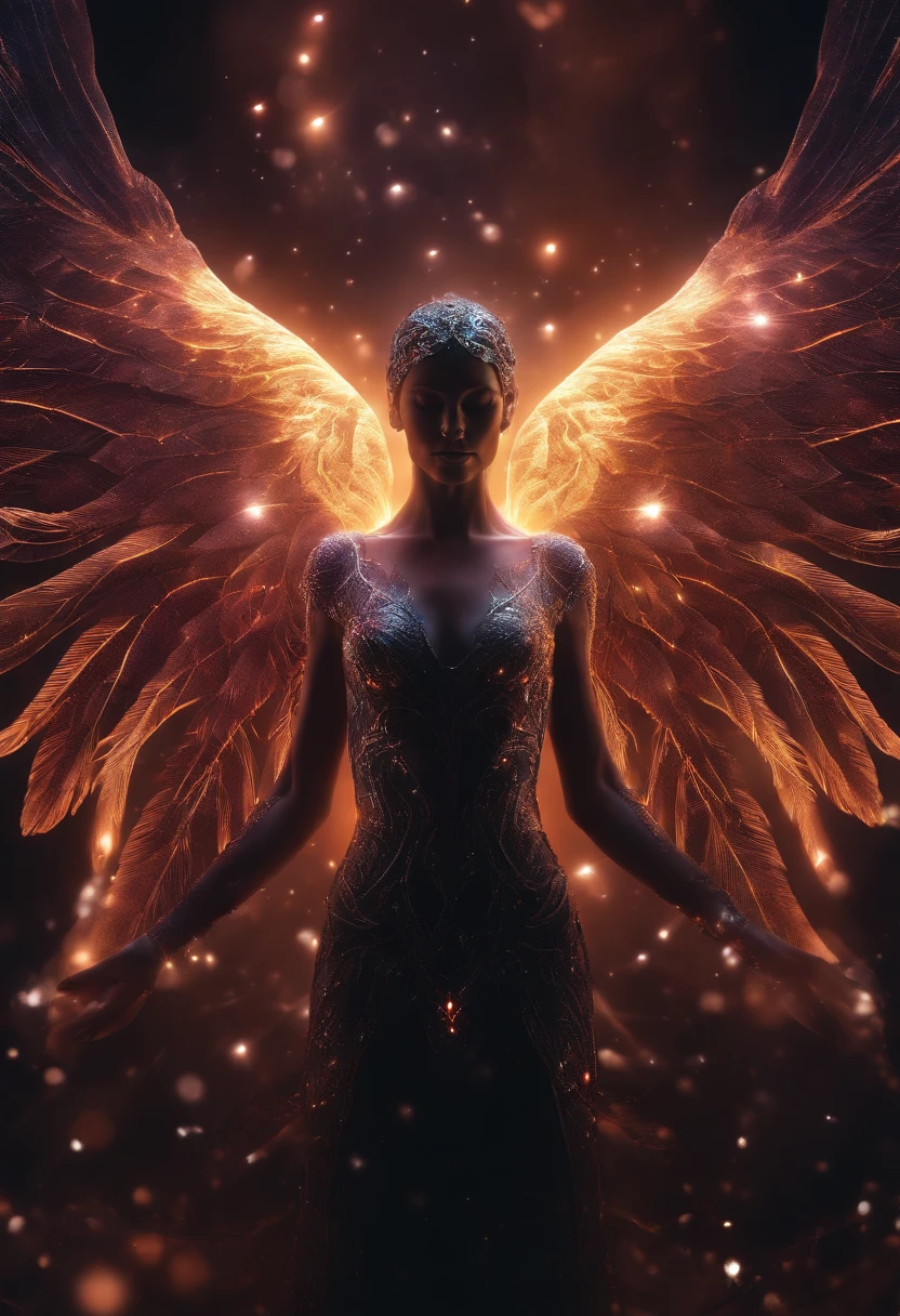 cosmic fallen angel, glowing eyes, biology, weird, crawl, nightmarish, Very bright colors, light particles, Glowing light, mshif, wallpaper art, Ultra HD Wallpaper,Whole body glowing with holy white light,Beautiful body curves